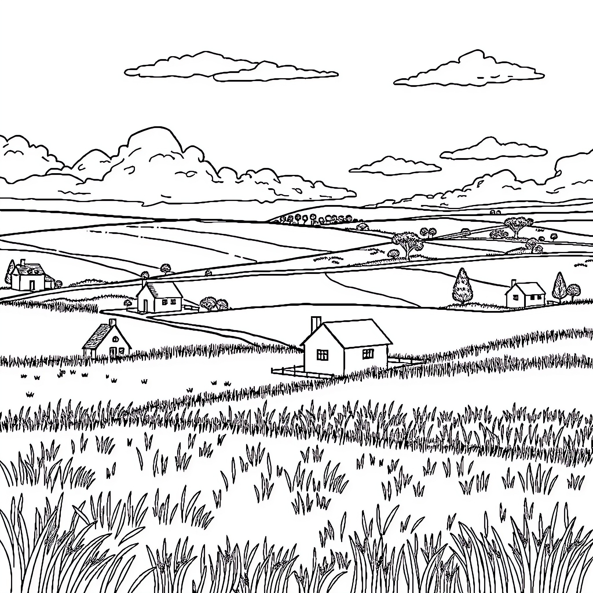 House in rural countryside landscape Coloring Page (free black-and-white line drawing printable PDF for all, from beginners to advanced learners, including children, teens, adults, and seniors)