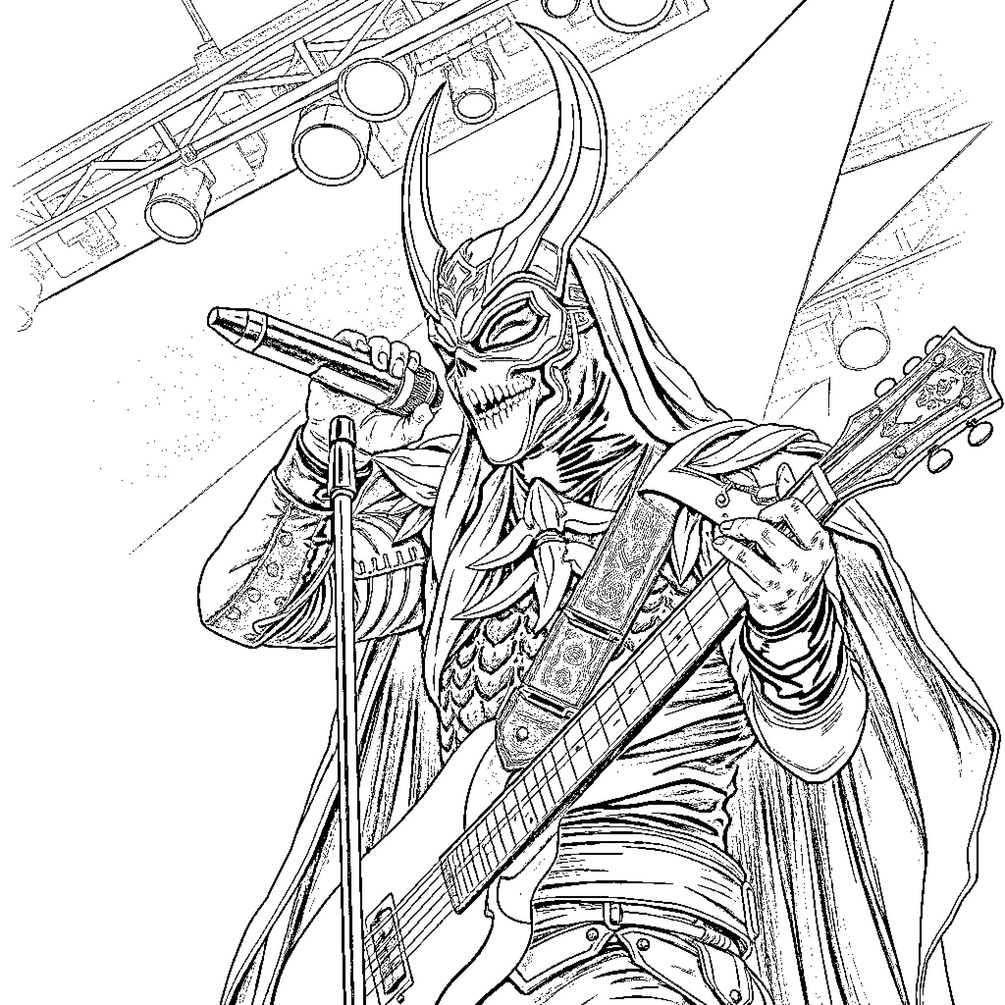 Tobias Forge Performing on Stage with Dramatic Attire Coloring Page (free black-and-white line drawing printable PDF for all, from beginners to advanced learners, including children, teens, adults, and seniors)