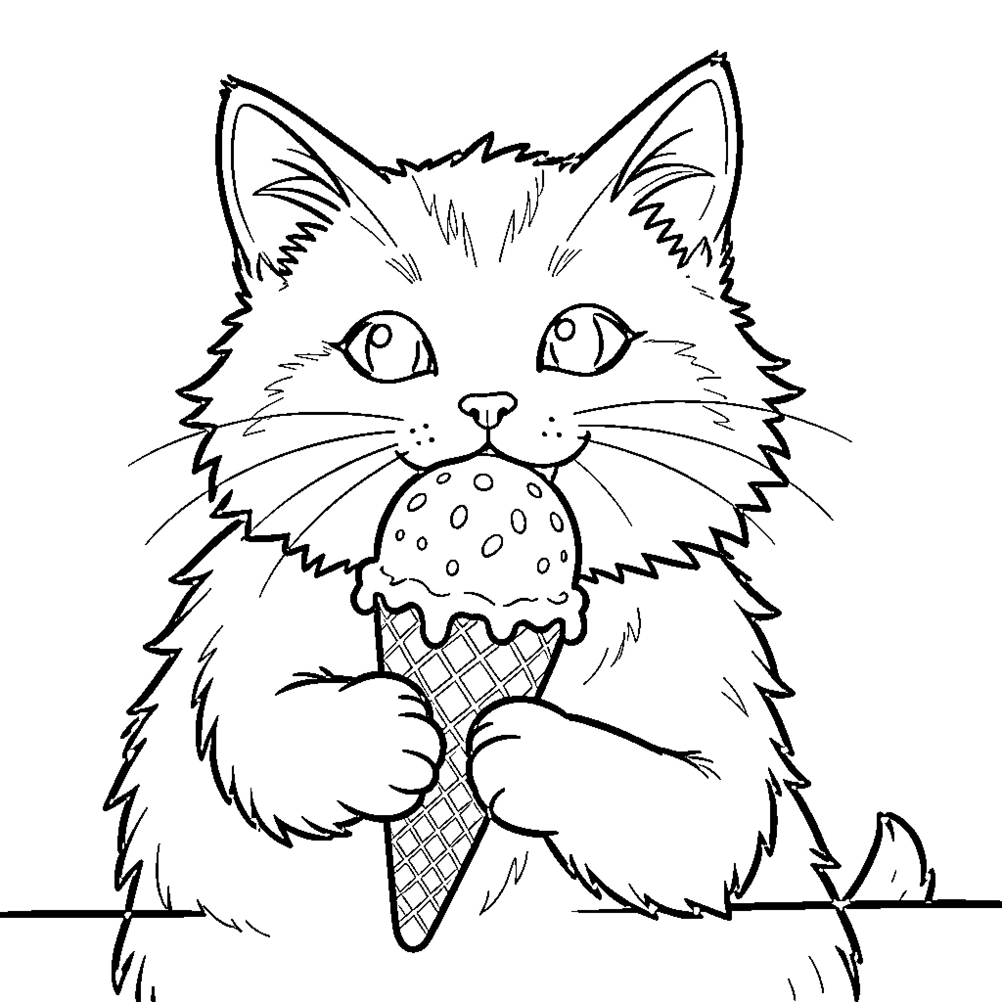 Cat enjoying a tasty ice cream cone Coloring Page (free black-and-white line drawing printable PDF for all, from beginners to advanced learners, including children, teens, adults, and seniors)