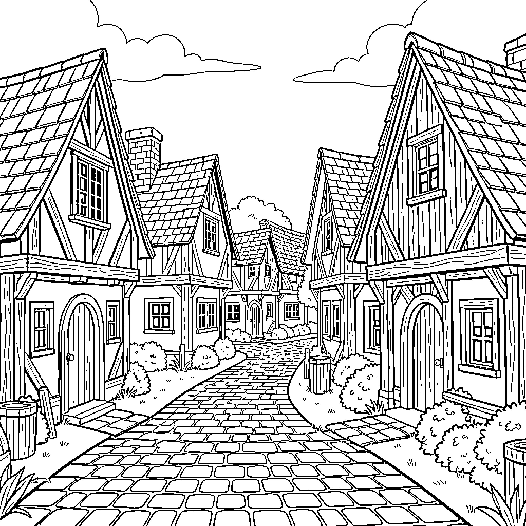 Village scene with traditional cottages and cobblestone path Coloring Page (free black-and-white line drawing printable PDF for all, from beginners to advanced learners, including children, teens, adults, and seniors)