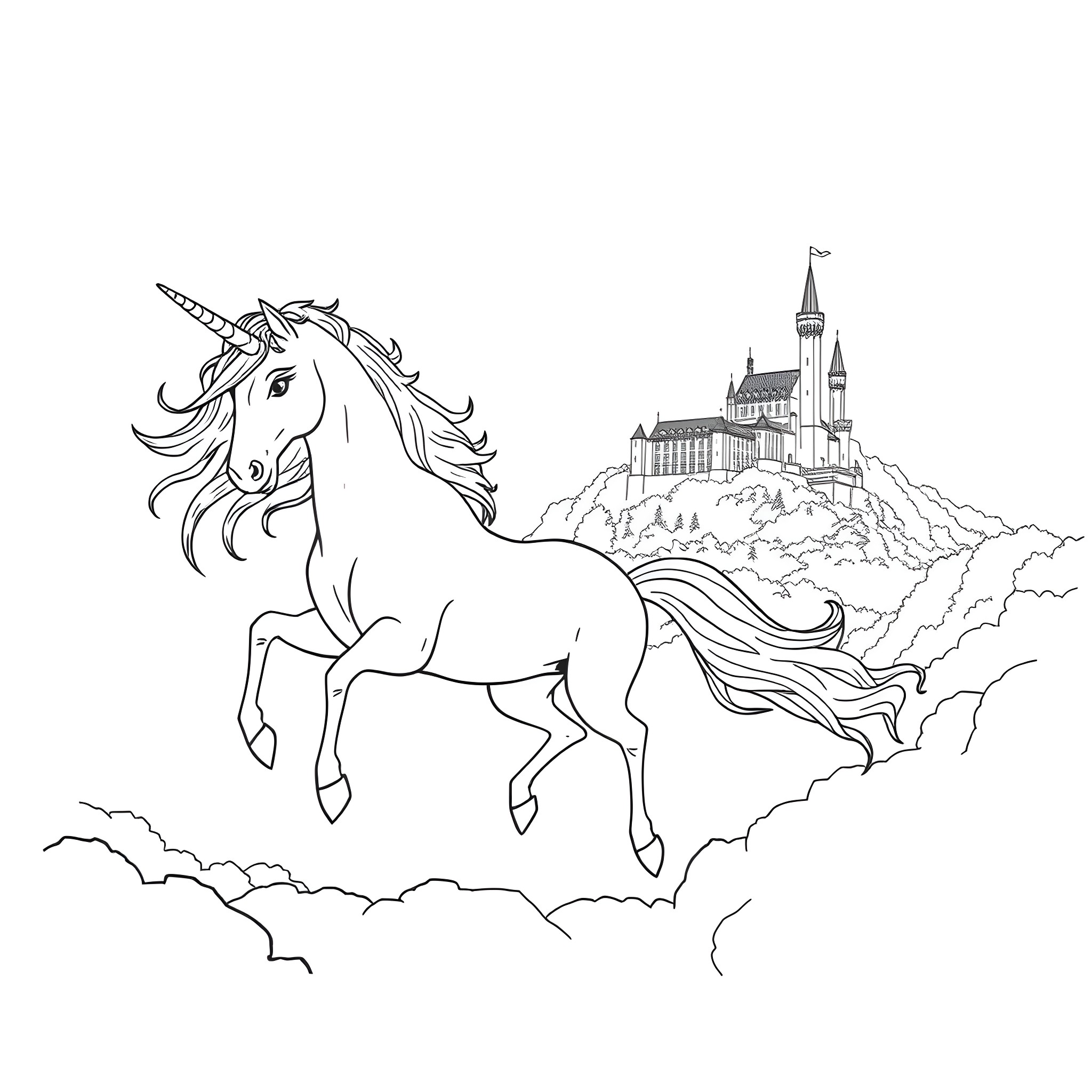 Unicorn prancing amidst clouds and a fantasy castle Coloring Page (free black-and-white line drawing printable PDF for all, from beginners to advanced learners, including children, teens, adults, and seniors)