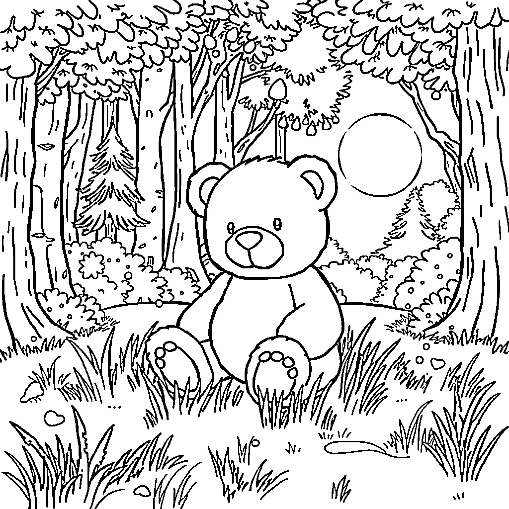 Teddy Bear in the Enchanted Forest Coloring Page (free black-and-white line drawing printable PDF for all, from beginners to advanced learners, including children, teens, adults, and seniors)