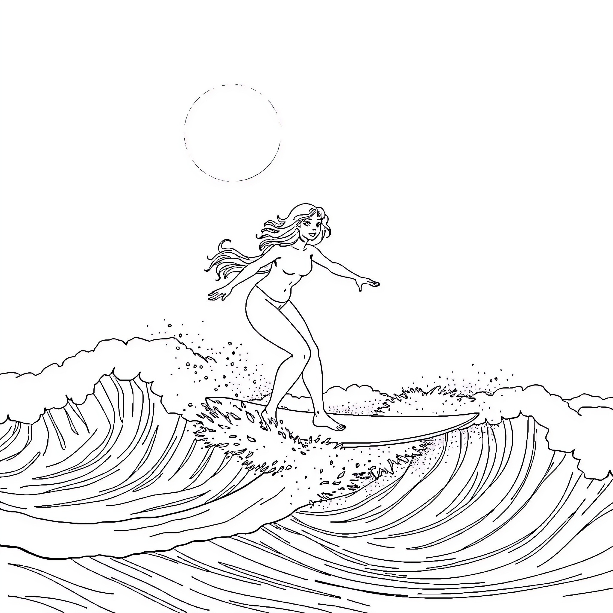 Snow Queen Surfs Majestic Waves Coloring Page (free black-and-white line drawing printable PDF for all, from beginners to advanced learners, including children, teens, adults, and seniors)