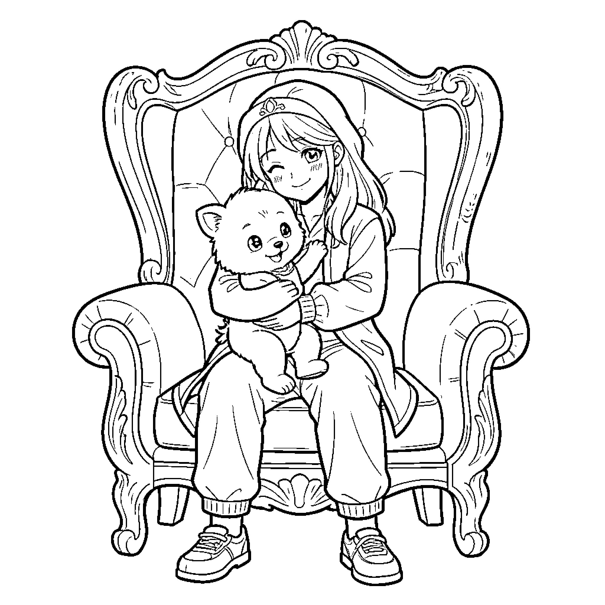 Shinku's Cozy Moment with Her Cute Companion Coloring Page (free black-and-white line drawing printable PDF for all, from beginners to advanced learners, including children, teens, adults, and seniors)