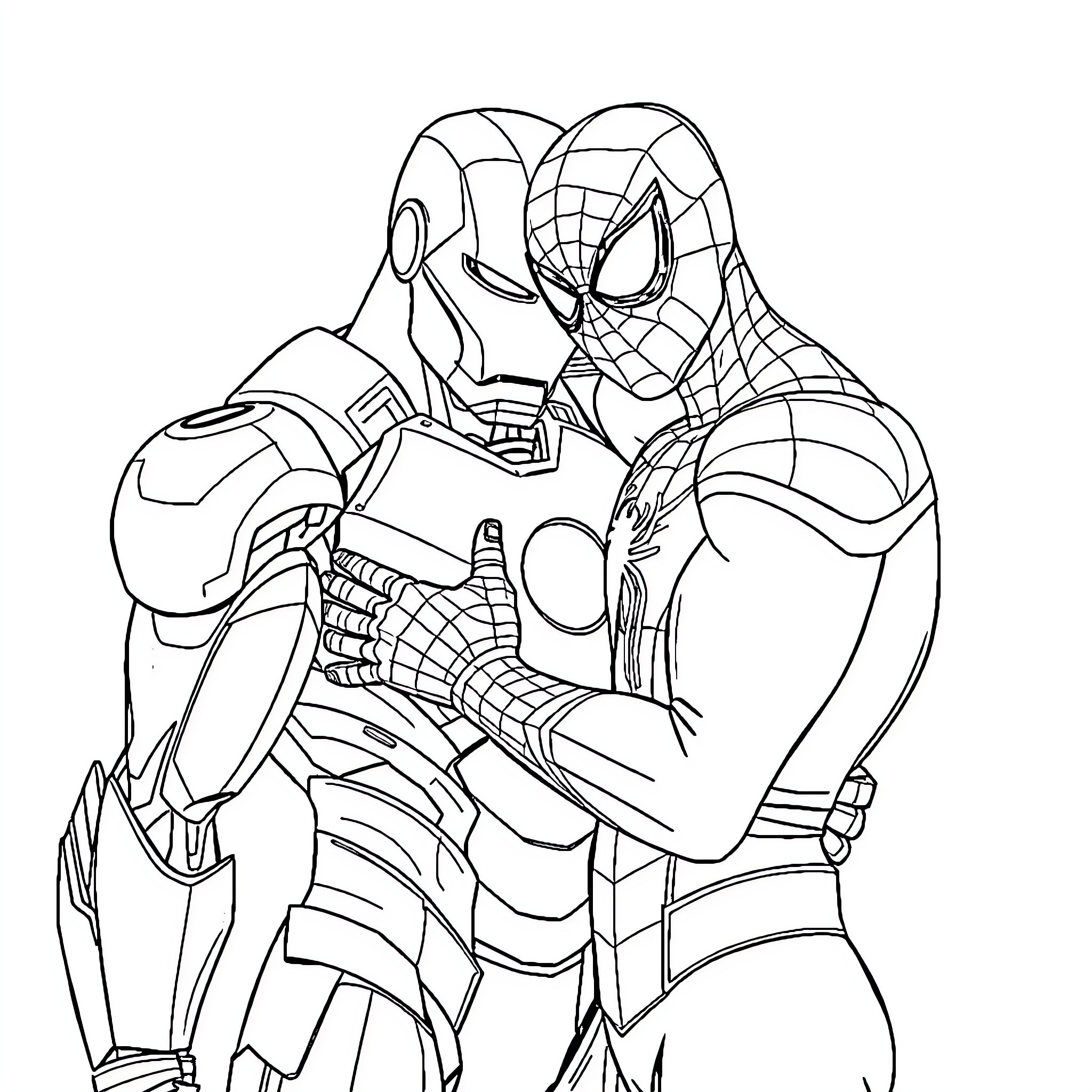 Spiderman in heroic action with Iron Man Coloring Page (free black-and-white line drawing printable PDF for all, from beginners to advanced learners, including children, teens, adults, and seniors)