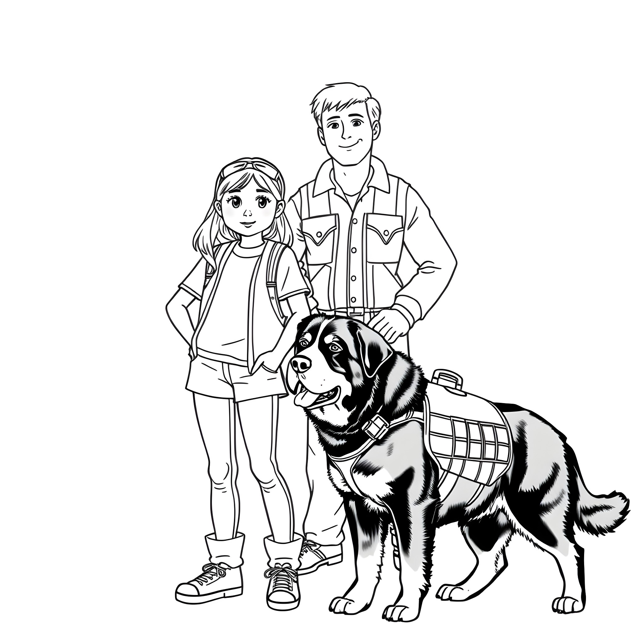 Teen Girl and Boy with Friendly Canine Companion Coloring Page (free black-and-white line drawing printable PDF for all, from beginners to advanced learners, including children, teens, adults, and seniors)