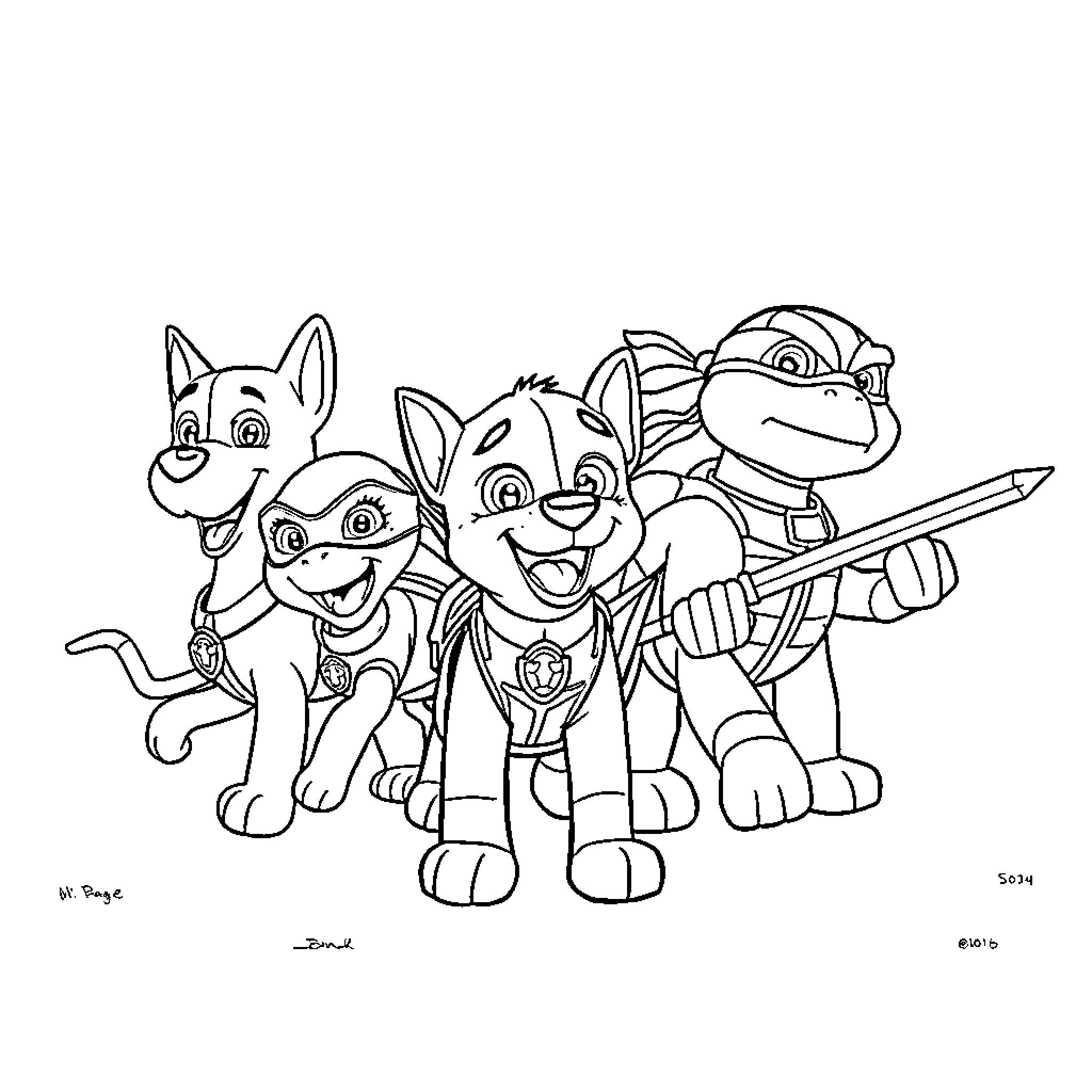 Paw Patrol team in action poses Coloring Page (free black-and-white line drawing printable PDF for all, from beginners to advanced learners, including children, teens, adults, and seniors)