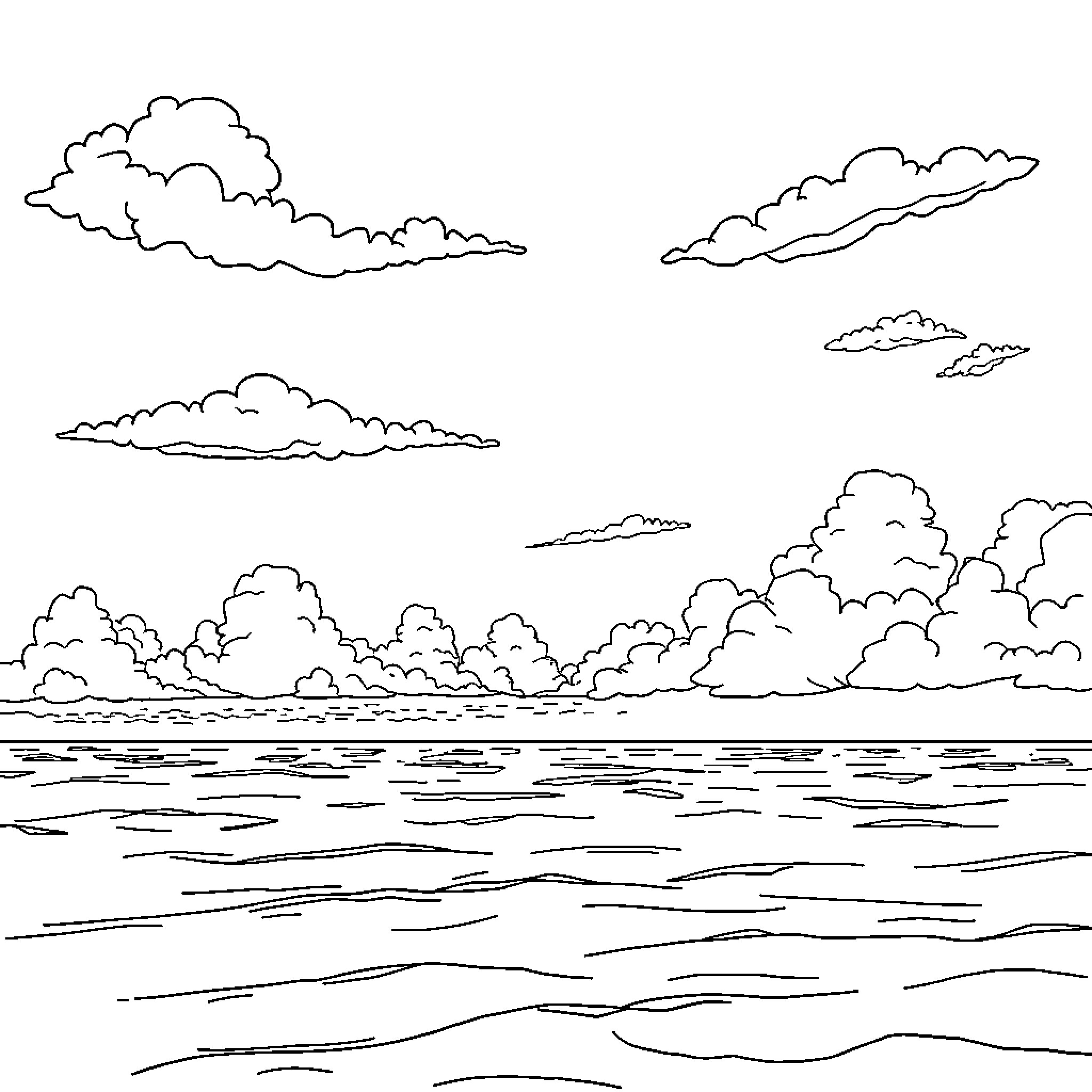 Ocean clouds and waves Coloring Page (free black-and-white line drawing printable PDF for all, from beginners to advanced learners, including children, teens, adults, and seniors)