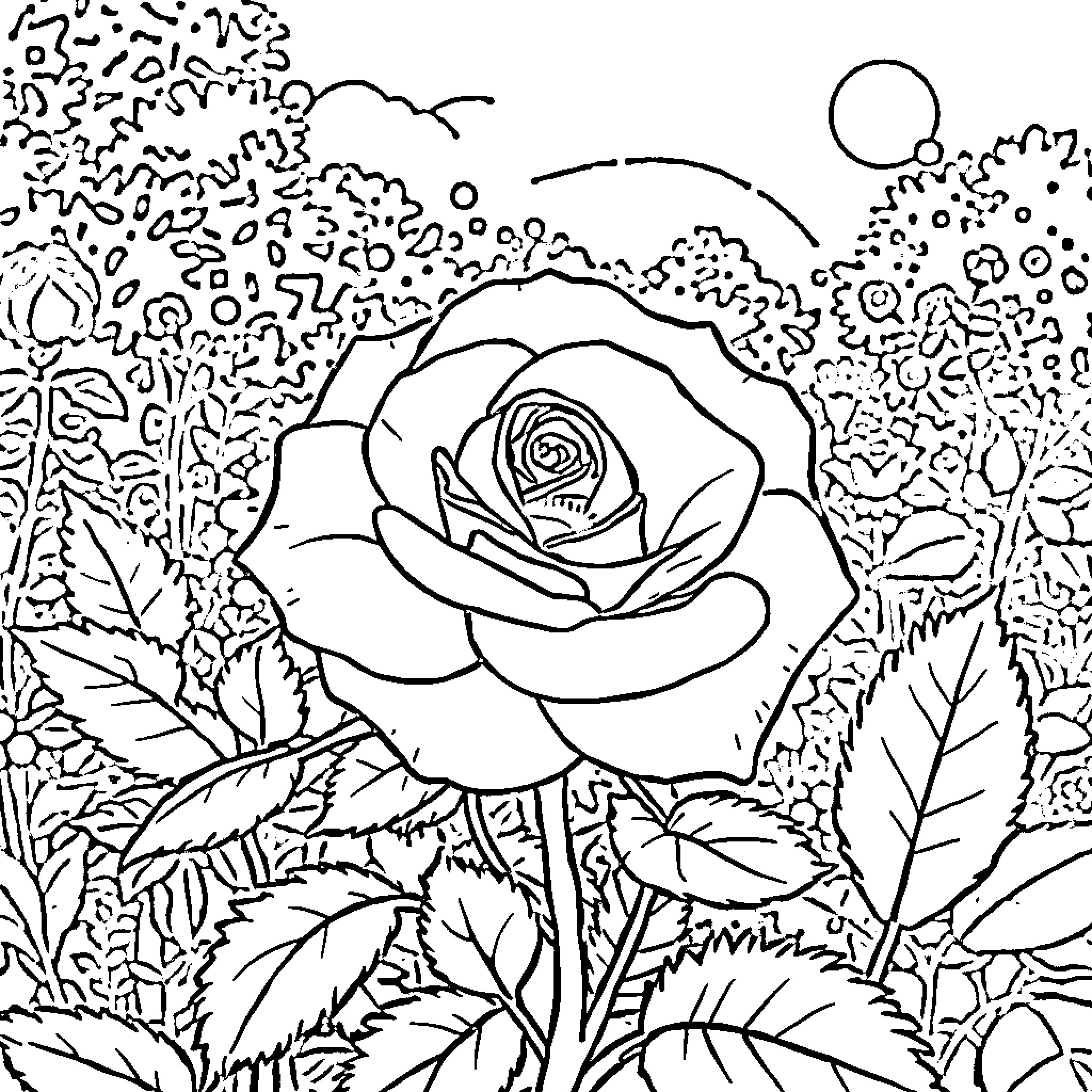 Rose in an Enchanted Garden Coloring Page (free black-and-white line drawing printable PDF for all, from beginners to advanced learners, including children, teens, adults, and seniors)