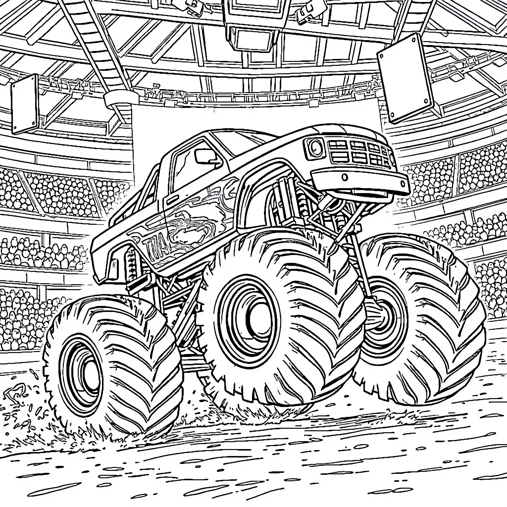 Monster Truck Crushing Obstacles in the Arena Coloring Page (free black-and-white line drawing printable PDF for all, from beginners to advanced learners, including children, teens, adults, and seniors)