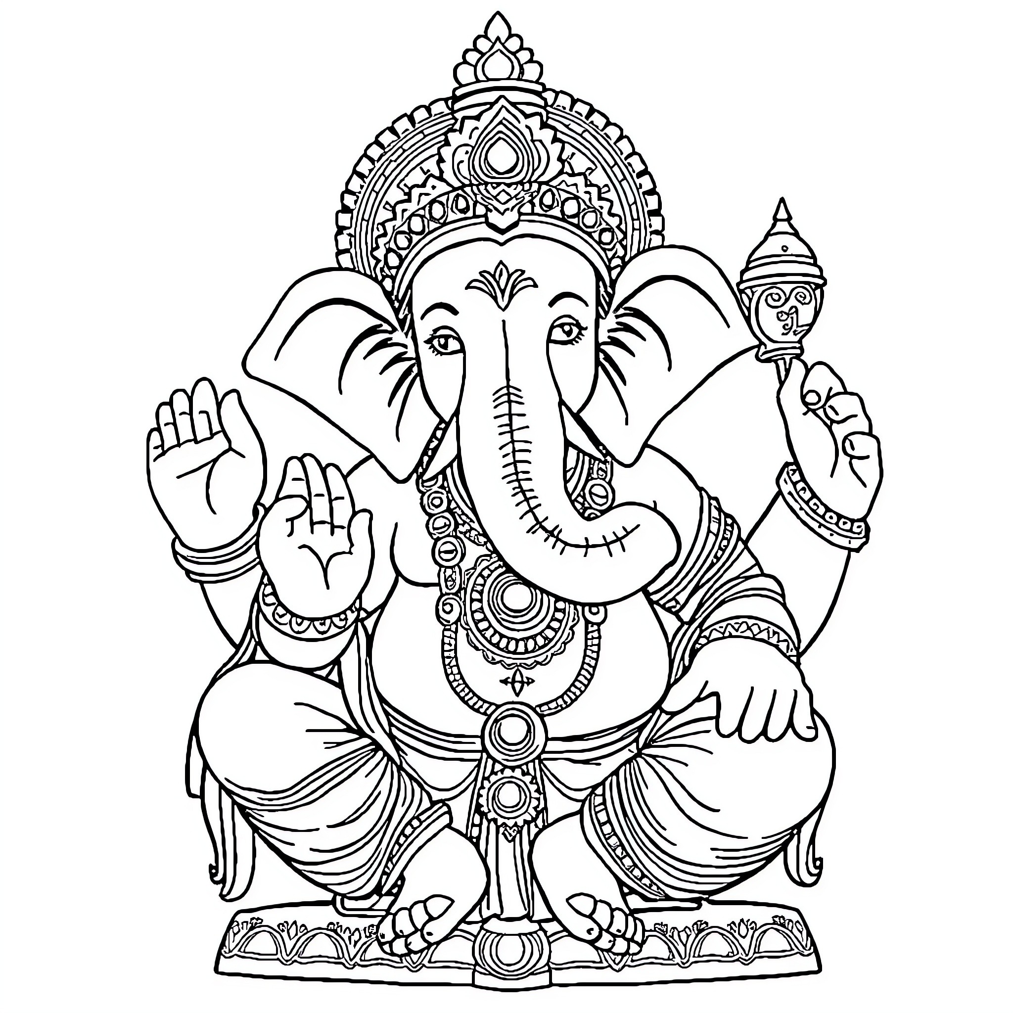 Ganesh Sitting in Ornate Pose with Decorative Elements Coloring Page (free black-and-white line drawing printable PDF for all, from beginners to advanced learners, including children, teens, adults, and seniors)