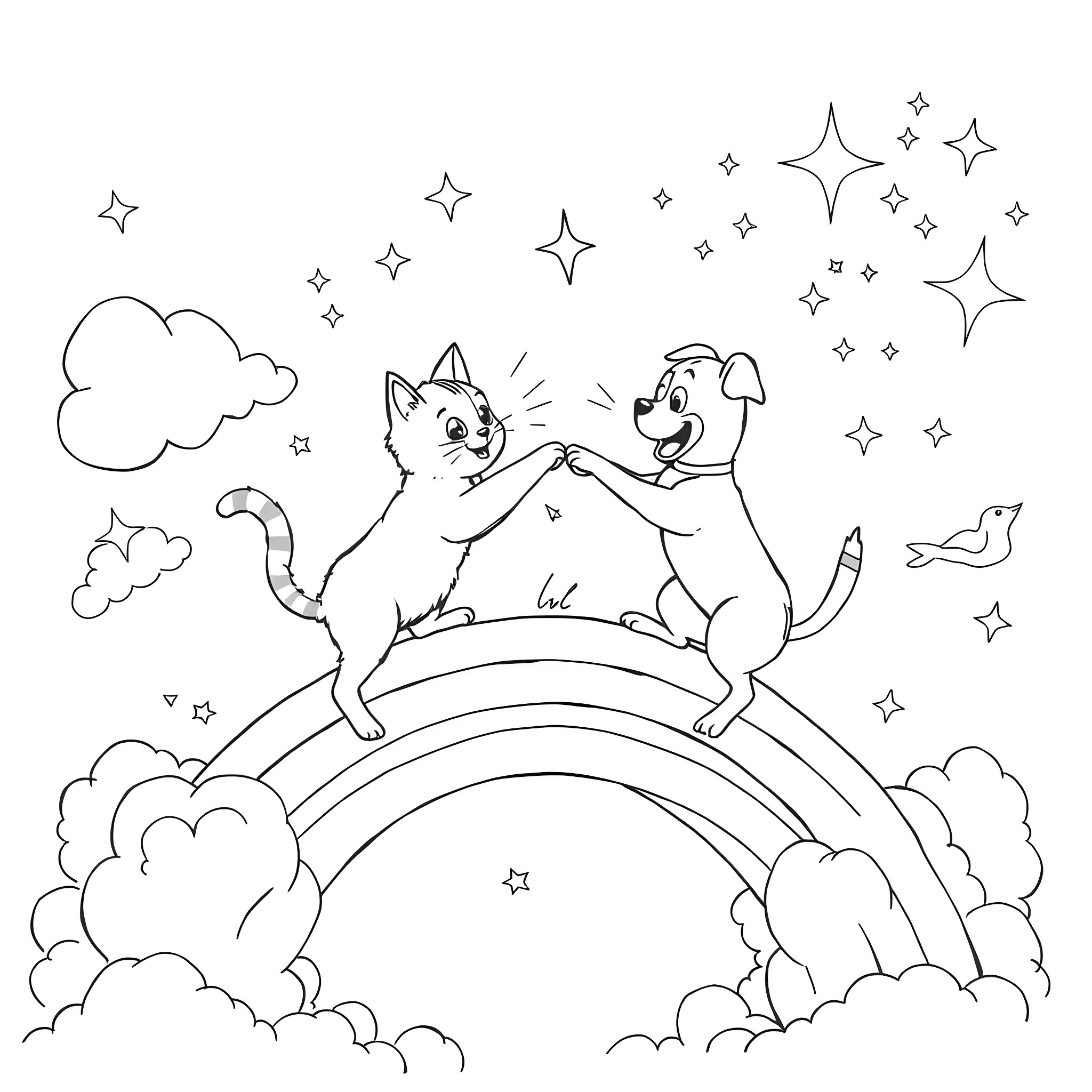 Cats playing on a rainbow Coloring Page (free black-and-white line drawing printable PDF for all, from beginners to advanced learners, including children, teens, adults, and seniors)