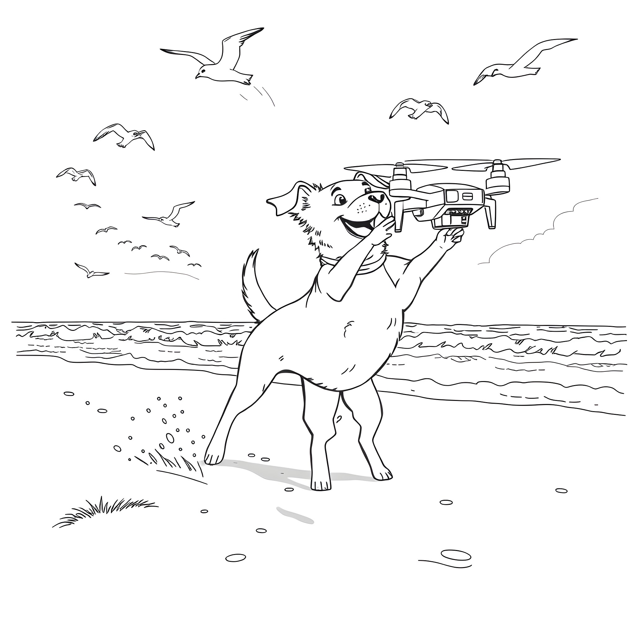 Dog happily playing with drone on the beach Coloring Page (free black-and-white line drawing printable PDF for all, from beginners to advanced learners, including children, teens, adults, and seniors)