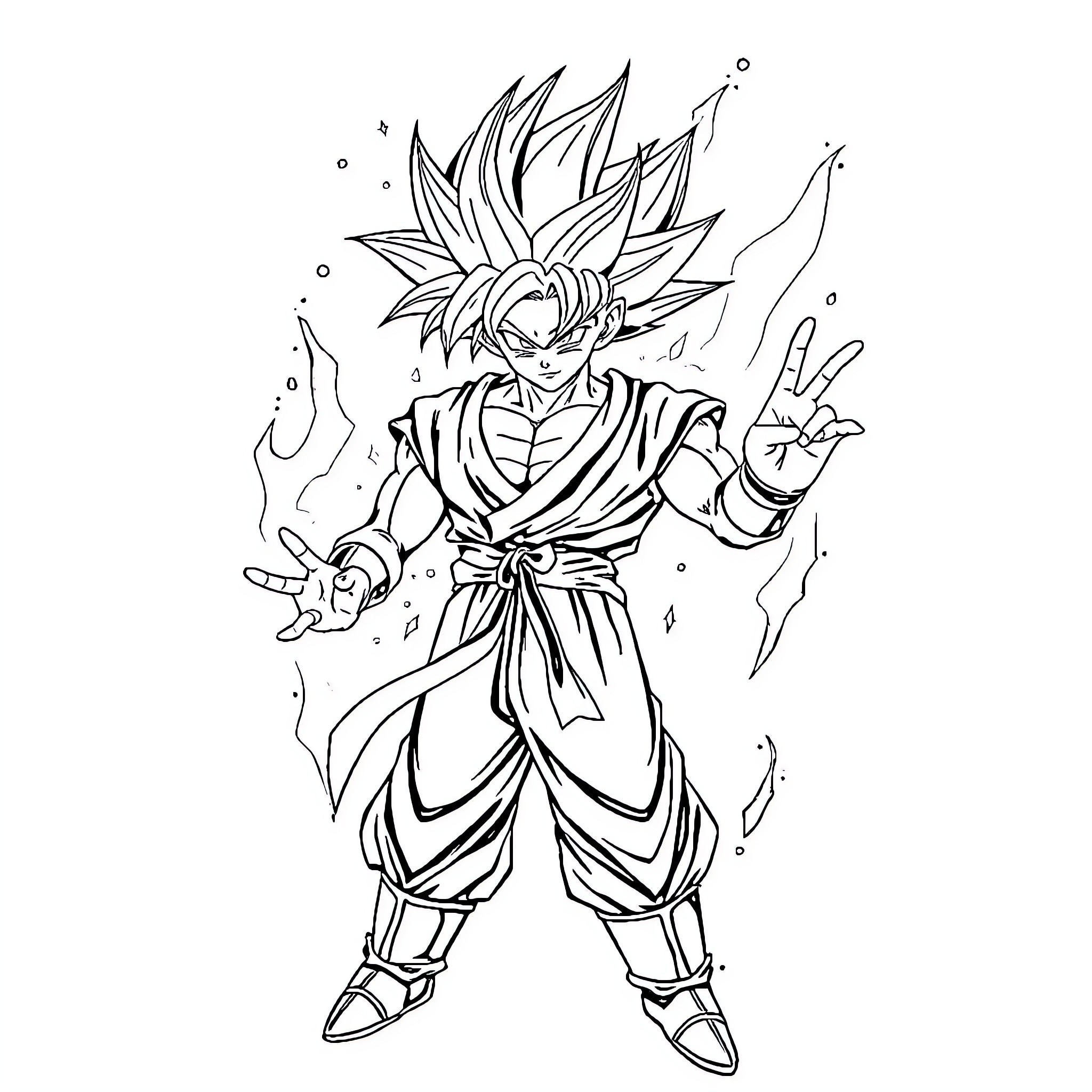 Goku in powerful battle stance Coloring Page (free black-and-white line drawing printable PDF for all, from beginners to advanced learners, including children, teens, adults, and seniors)
