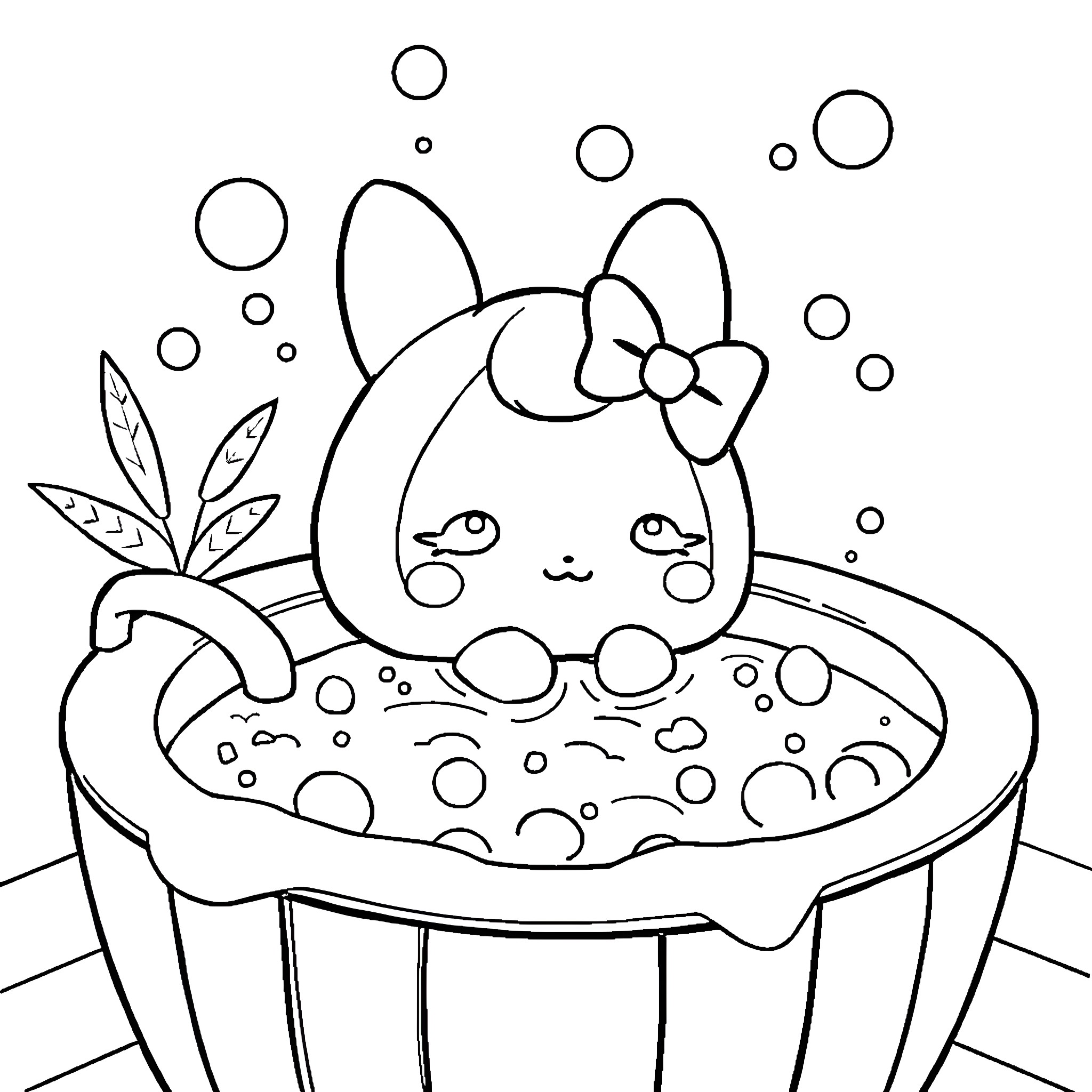 Cinnamoroll relaxing in a bubbly bath Coloring Page (free black-and-white line drawing printable PDF for all, from beginners to advanced learners, including children, teens, adults, and seniors)