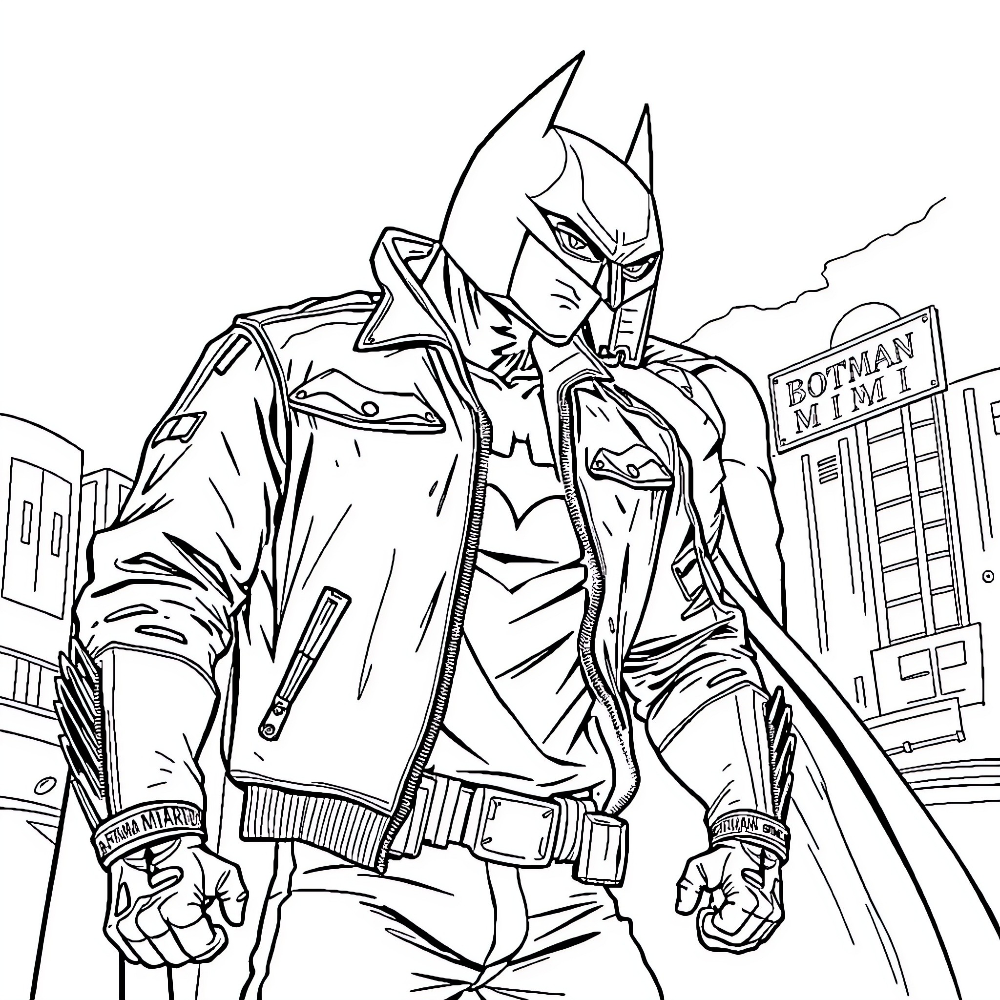 Jacket-clad superhero in action Coloring Page (free black-and-white line drawing printable PDF for all, from beginners to advanced learners, including children, teens, adults, and seniors)