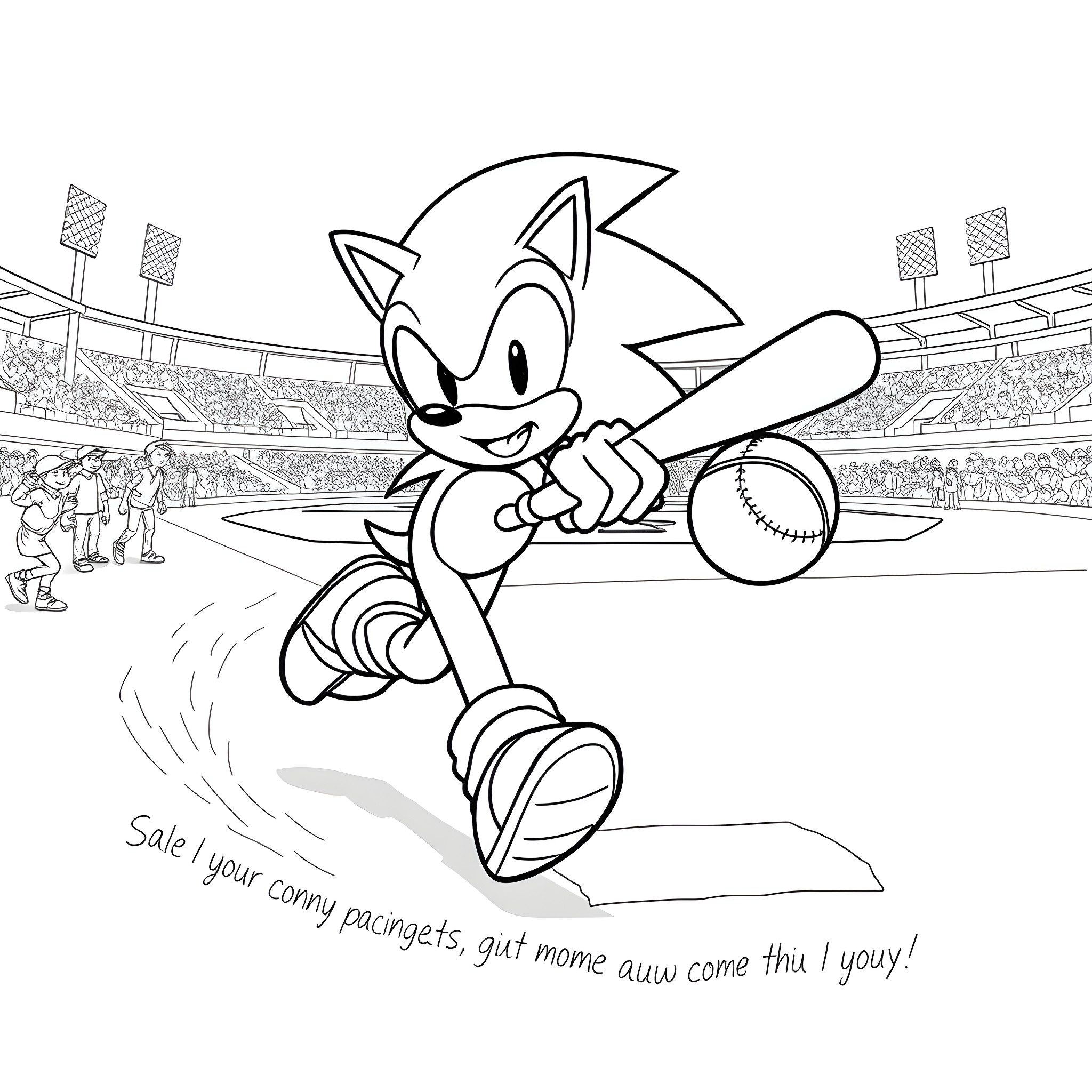 Sonic the Hedgehog playing baseball with joy Coloring Page (free black-and-white line drawing printable PDF for all, from beginners to advanced learners, including children, teens, adults, and seniors)