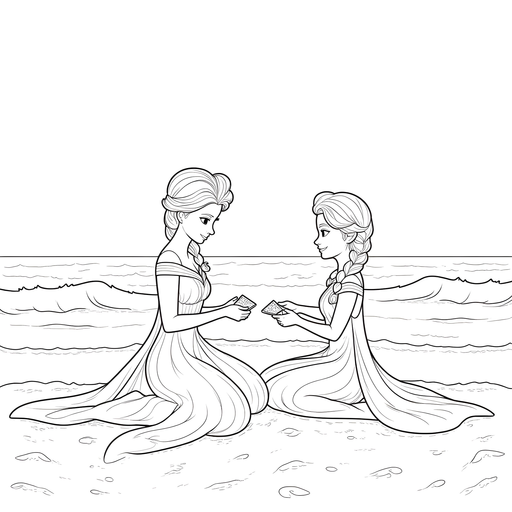 Elsa and Anna enjoying a beach day together Coloring Page (free black-and-white line drawing printable PDF for all, from beginners to advanced learners, including children, teens, adults, and seniors)