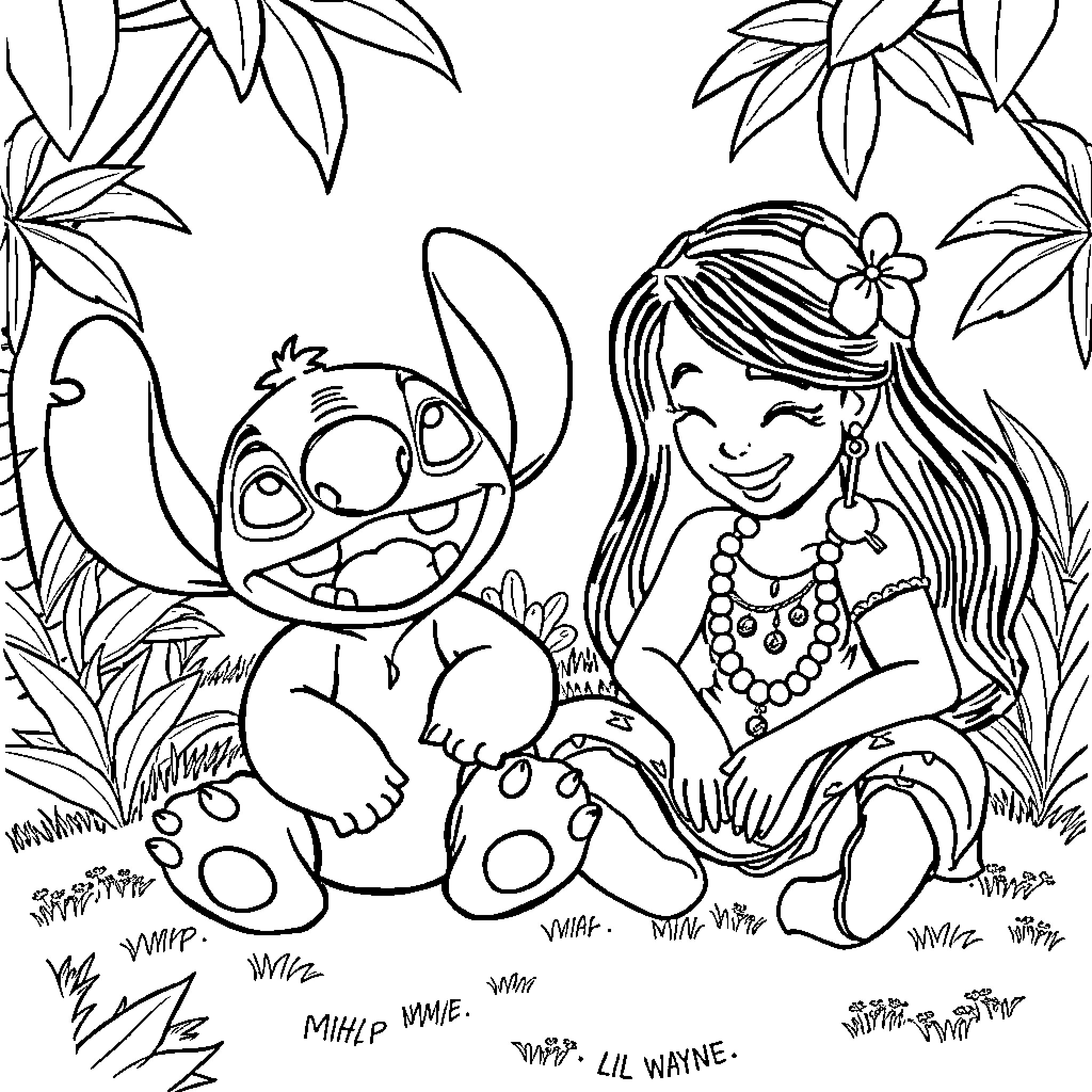 Lilo And Stitch Enjoying Nature's Wonders Coloring Page (free black-and-white line drawing printable PDF for all, from beginners to advanced learners, including children, teens, adults, and seniors)