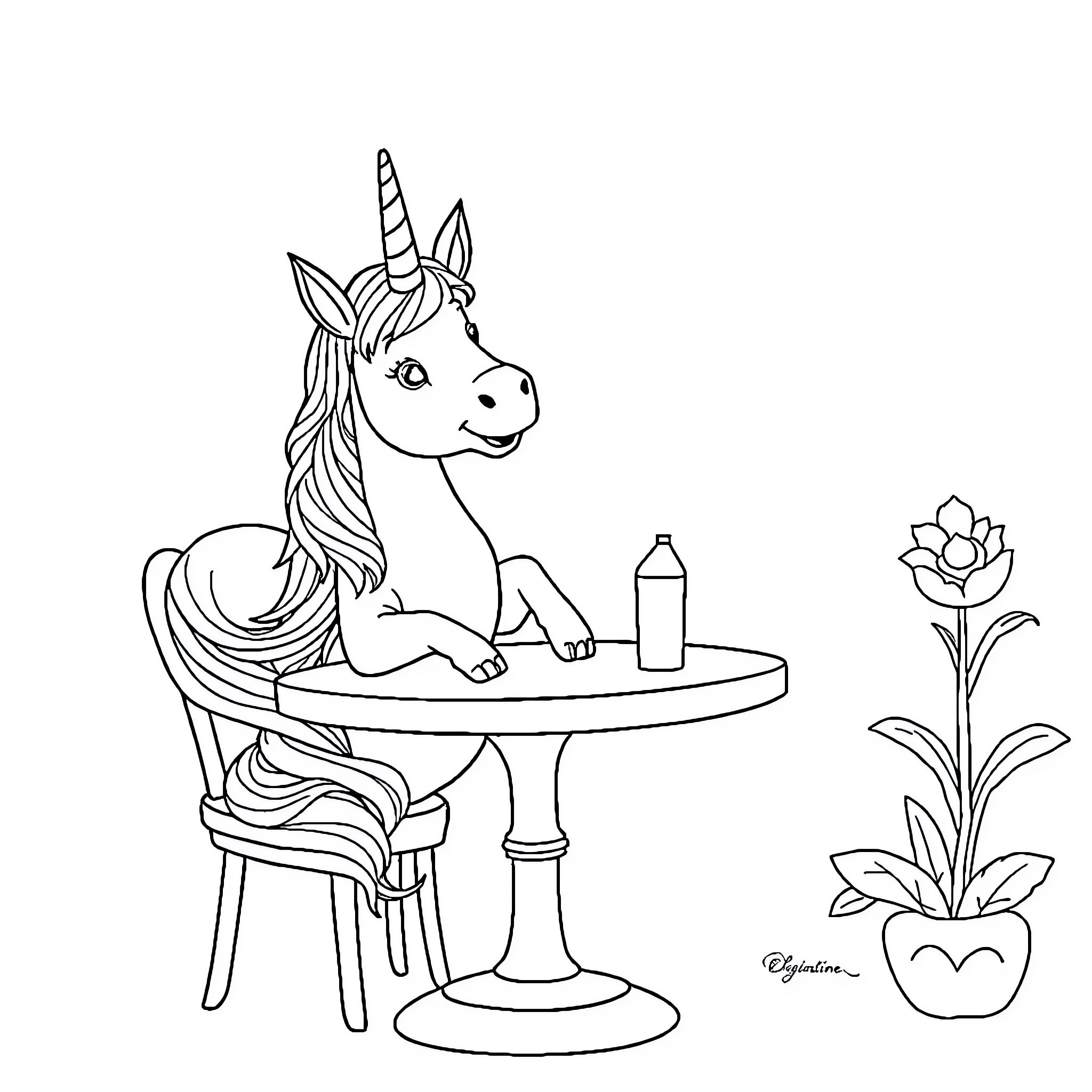 Unicorn enjoying a refreshing drink at a table Coloring Page (free black-and-white line drawing printable PDF for all, from beginners to advanced learners, including children, teens, adults, and seniors)
