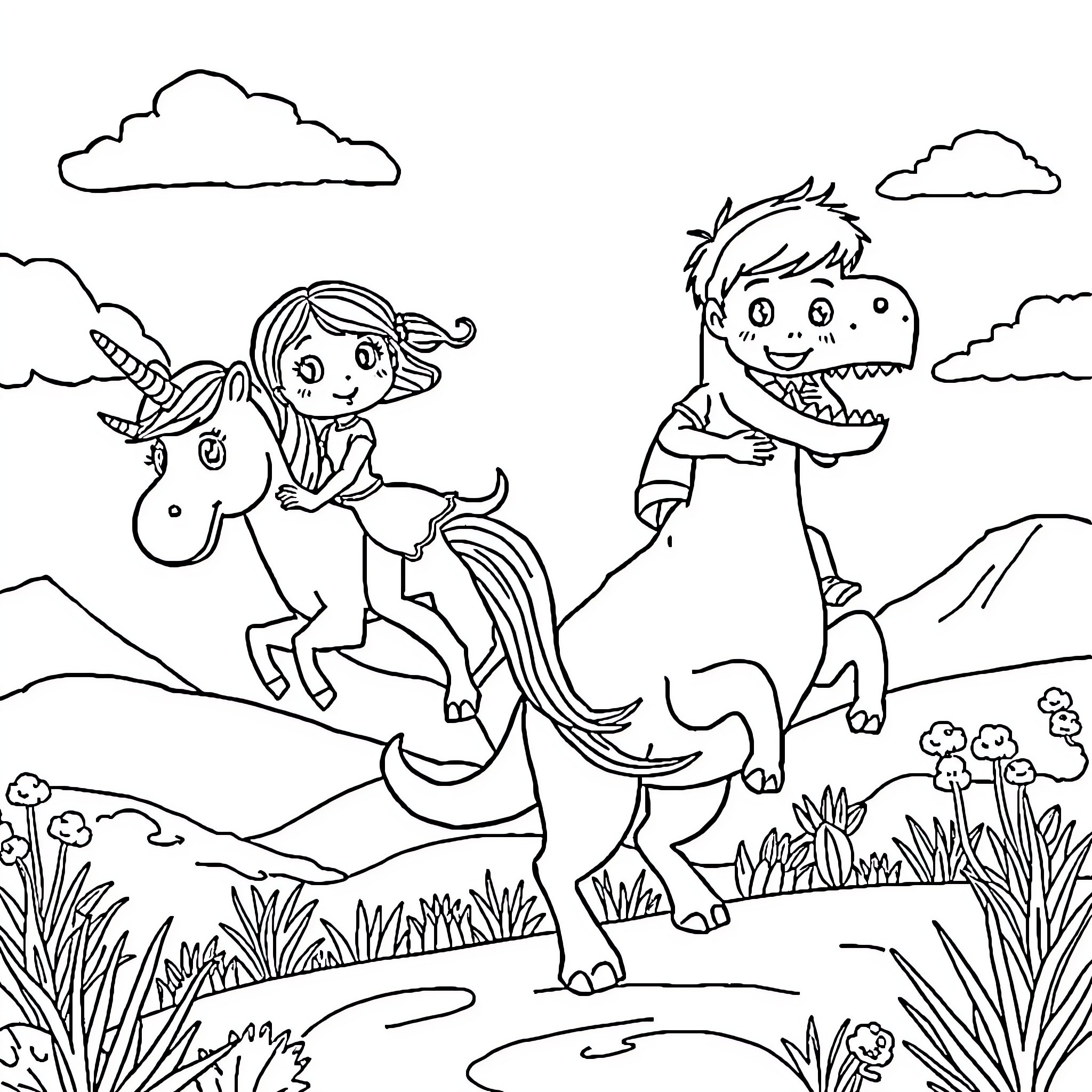 Girl riding unicorn and boy with dinosaur in countryside Coloring Page (free black-and-white line drawing printable PDF for all, from beginners to advanced learners, including children, teens, adults, and seniors)