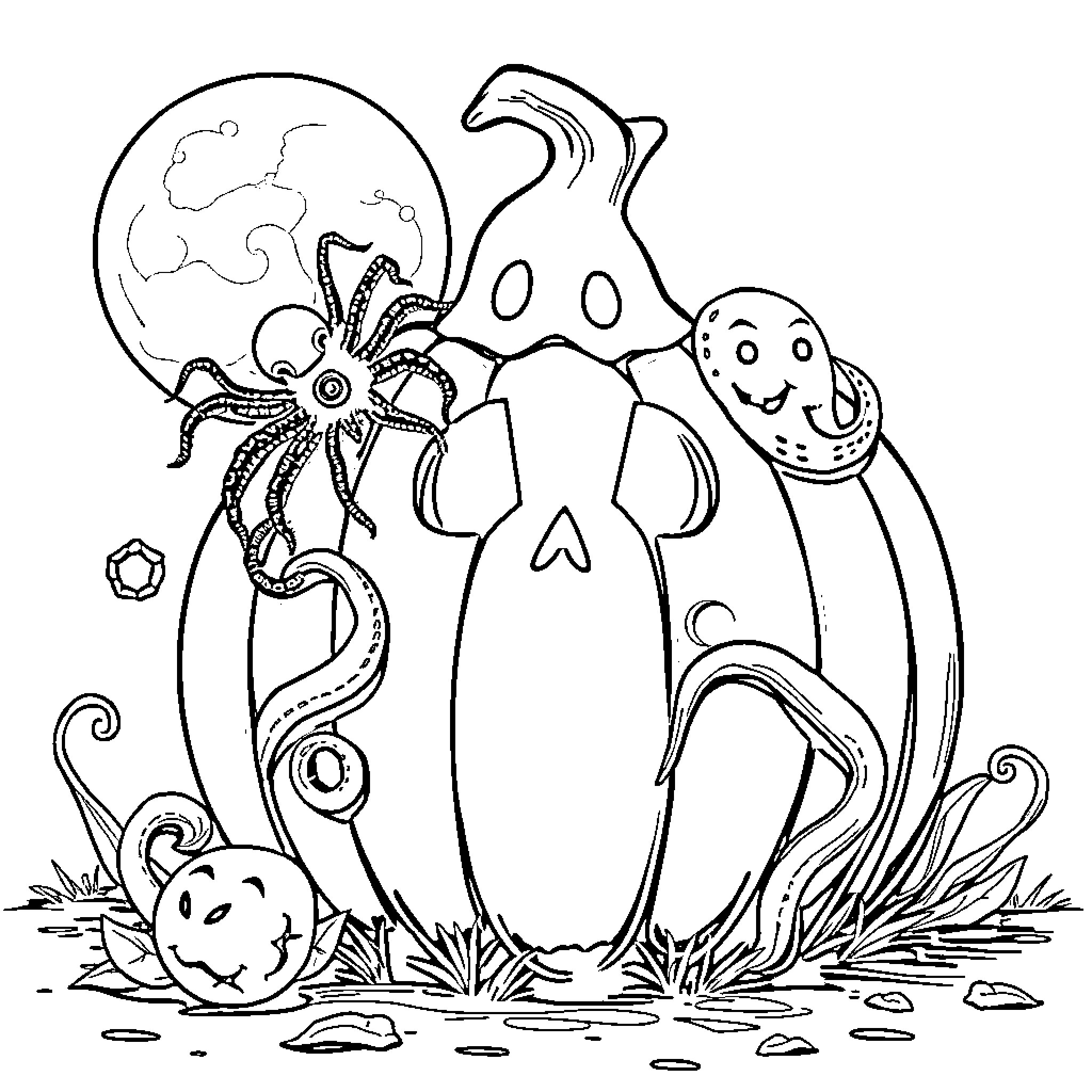 Pumpkin shapes and quirky creatures in the moonlight Coloring Page (free black-and-white line drawing printable PDF for all, from beginners to advanced learners, including children, teens, adults, and seniors)