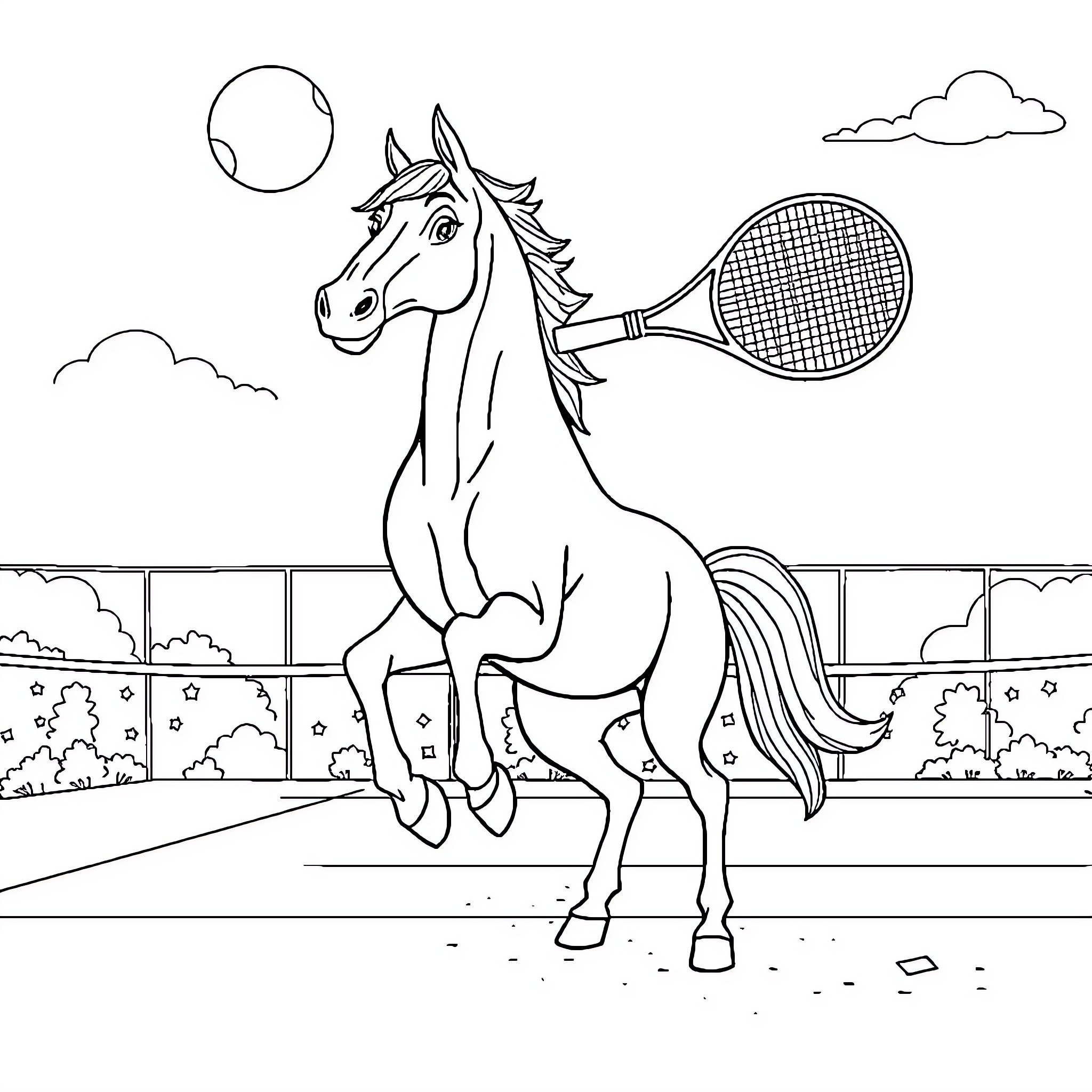 Horse playing tennis on the court Coloring Page (free black-and-white line drawing printable PDF for all, from beginners to advanced learners, including children, teens, adults, and seniors)