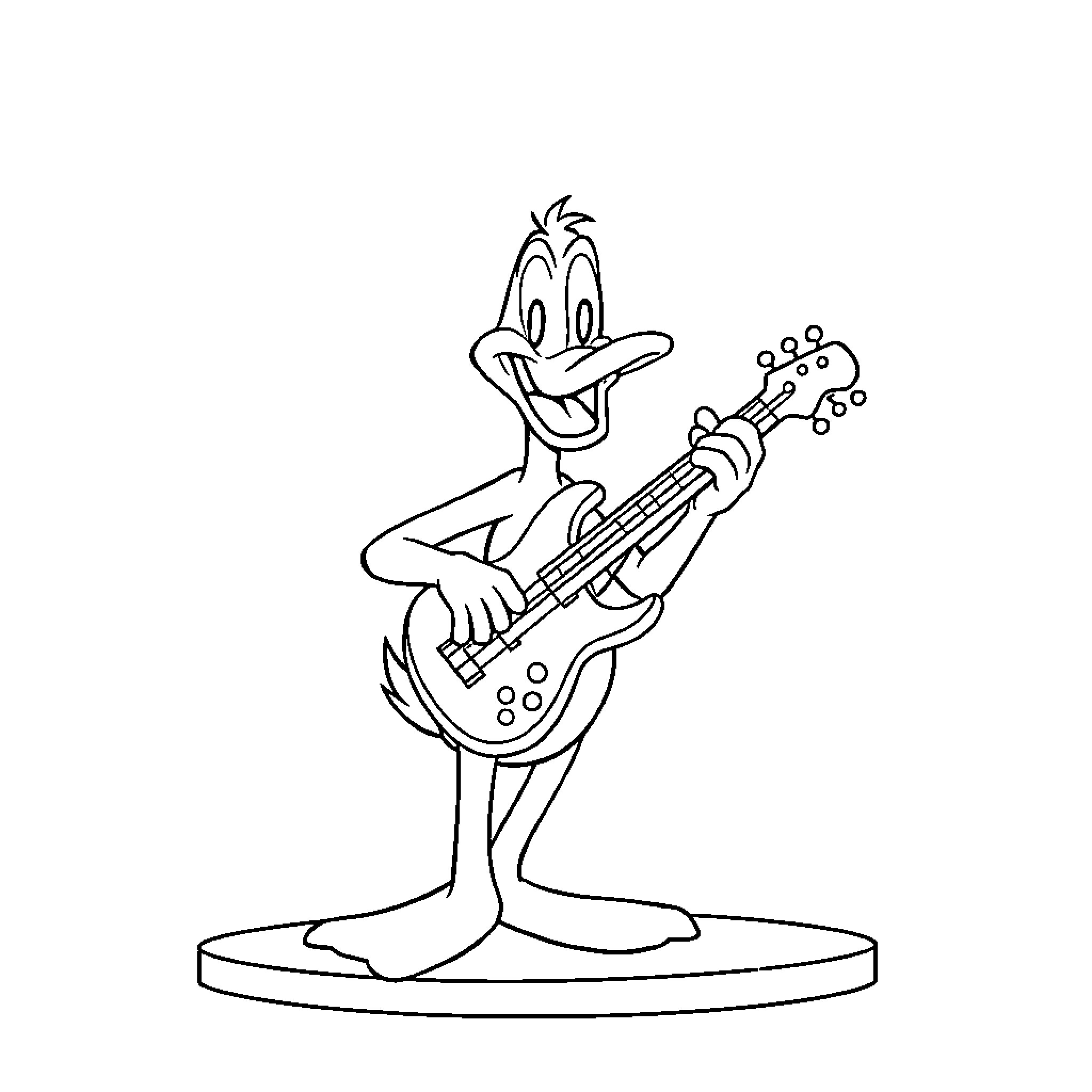Daffy Duck playing electric guitar energetically Coloring Page (free black-and-white line drawing printable PDF for all, from beginners to advanced learners, including children, teens, adults, and seniors)
