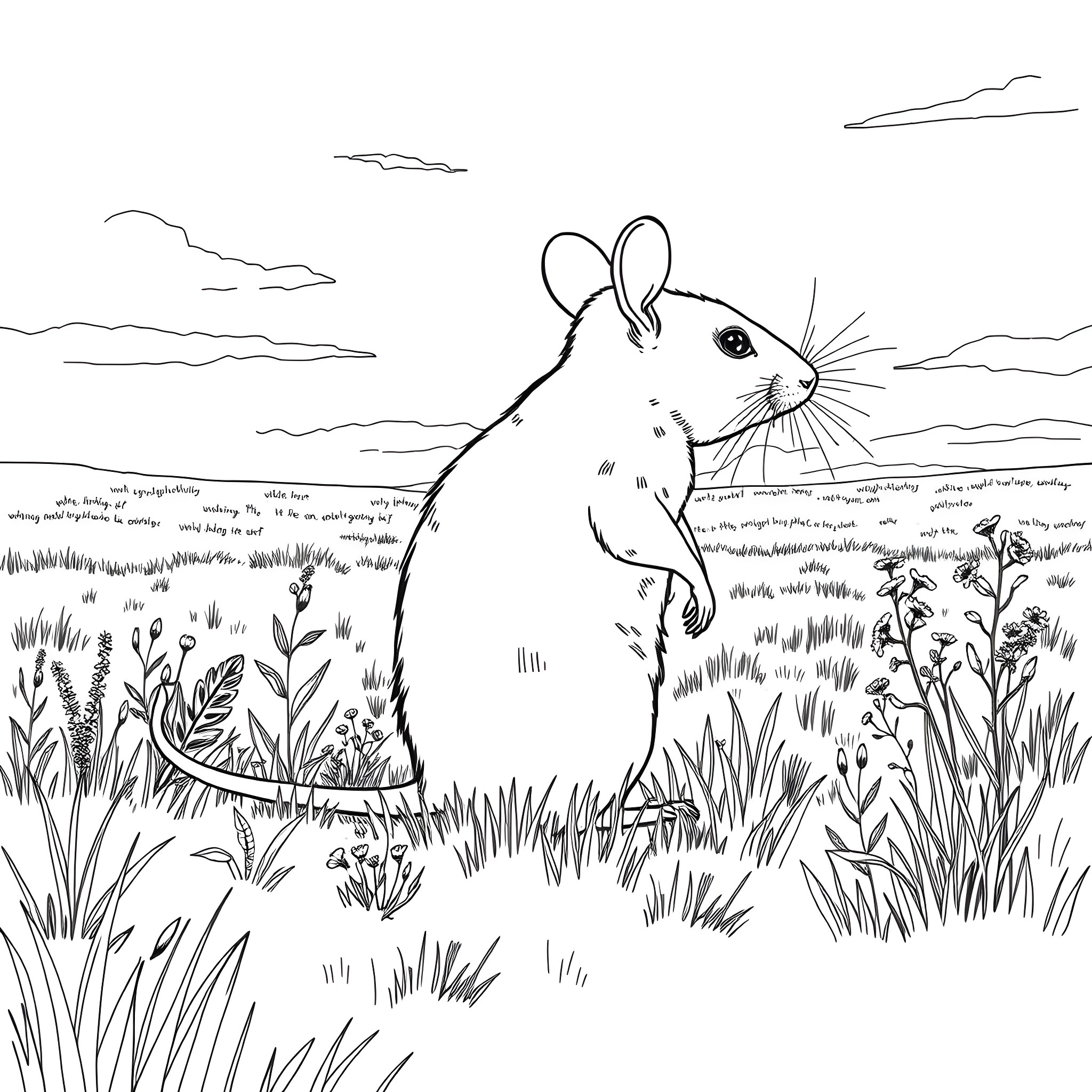 Mouse exploring the grassy meadow Coloring Page (free black-and-white line drawing printable PDF for all, from beginners to advanced learners, including children, teens, adults, and seniors)