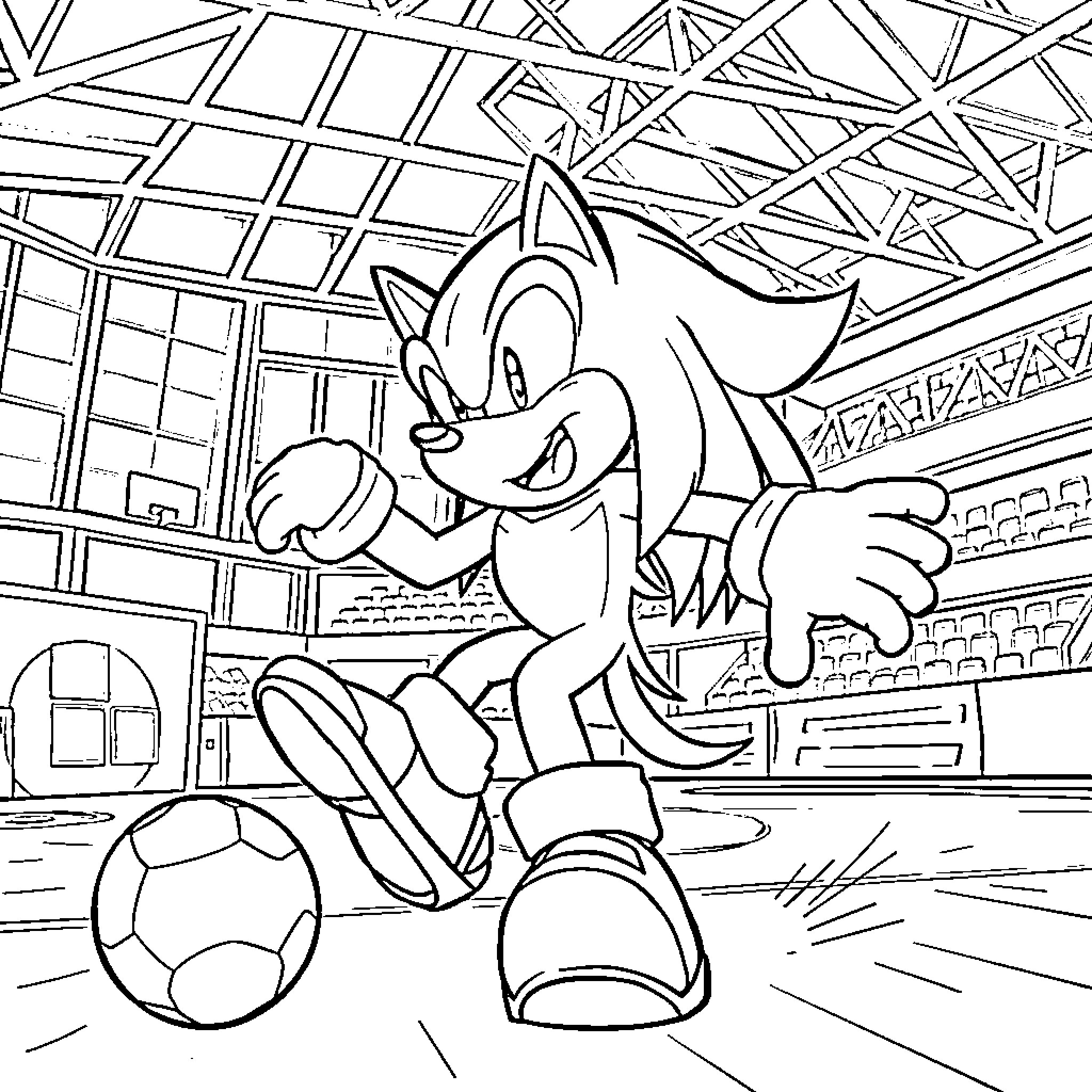 Knuckles playing soccer in an indoor arena Coloring Page (free black-and-white line drawing printable PDF for all, from beginners to advanced learners, including children, teens, adults, and seniors)