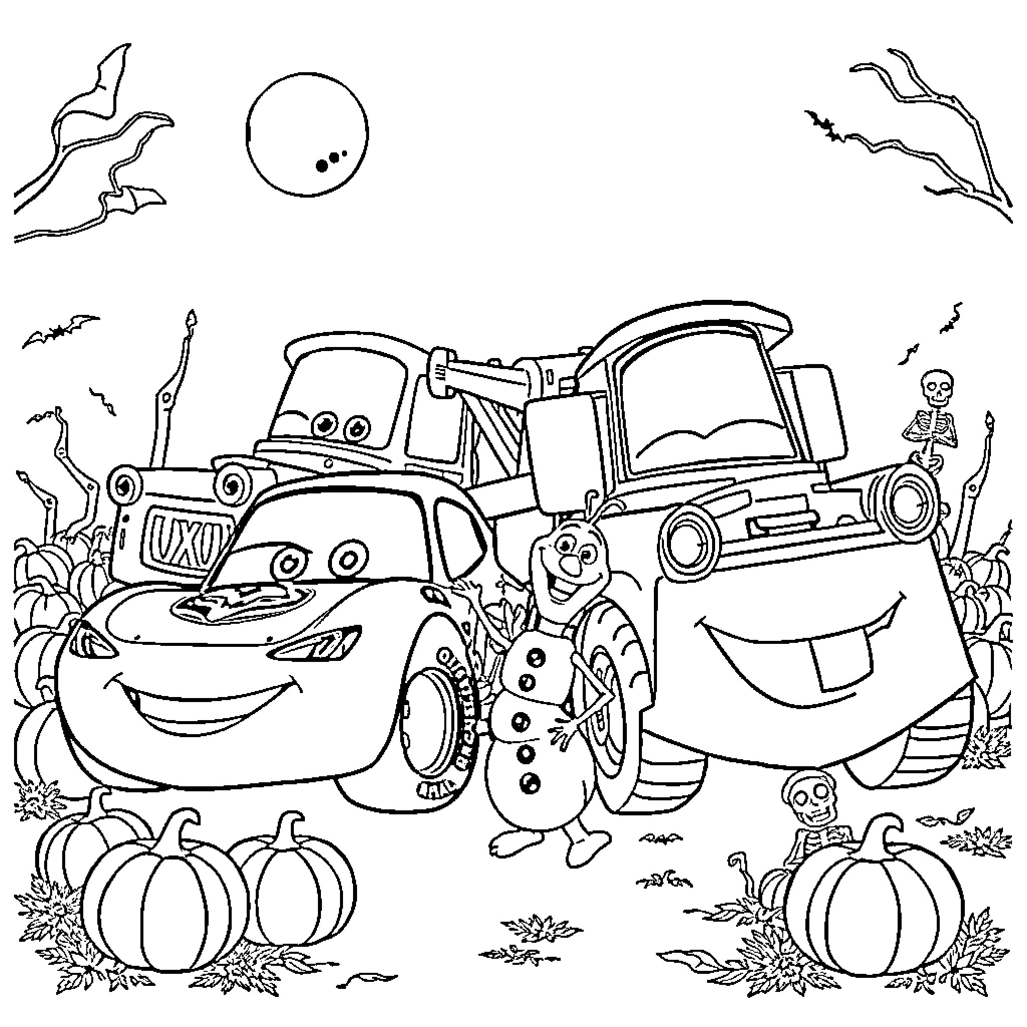 Lightning McQueen and friends in a fall scene Coloring Page (free black-and-white line drawing printable PDF for all, from beginners to advanced learners, including children, teens, adults, and seniors)