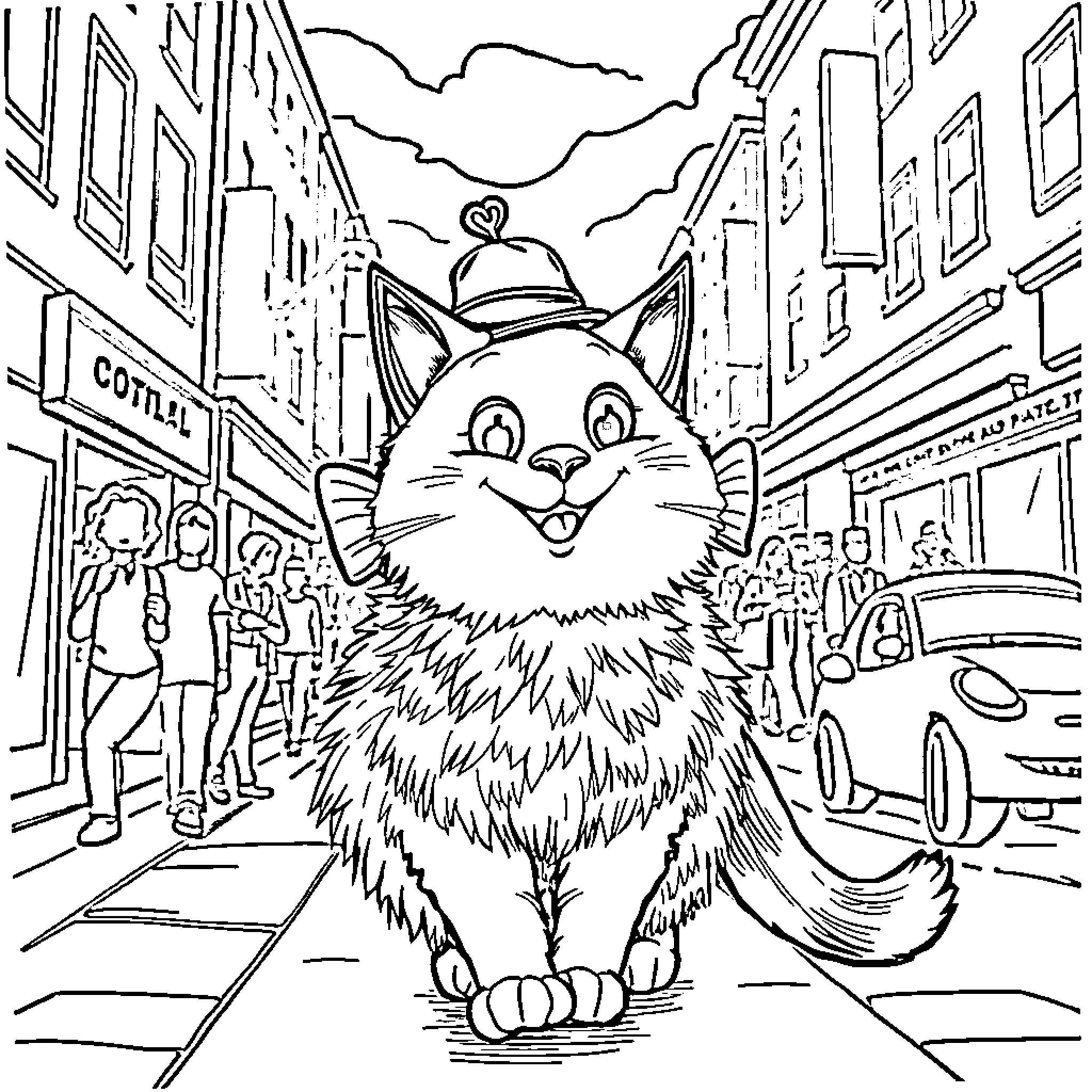 Fish happily exploring the city streets Coloring Page (free black-and-white line drawing printable PDF for all, from beginners to advanced learners, including children, teens, adults, and seniors)