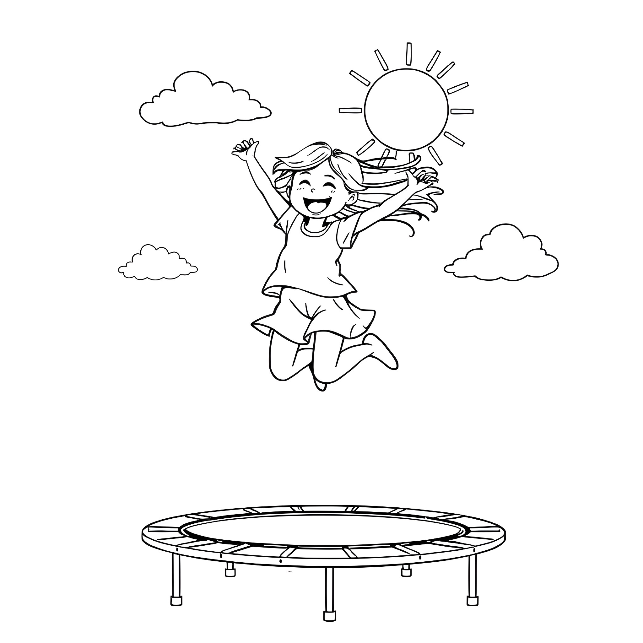 Girl jumping happily on trampoline under sunny sky Coloring Page (free black-and-white line drawing printable PDF for all, from beginners to advanced learners, including children, teens, adults, and seniors)