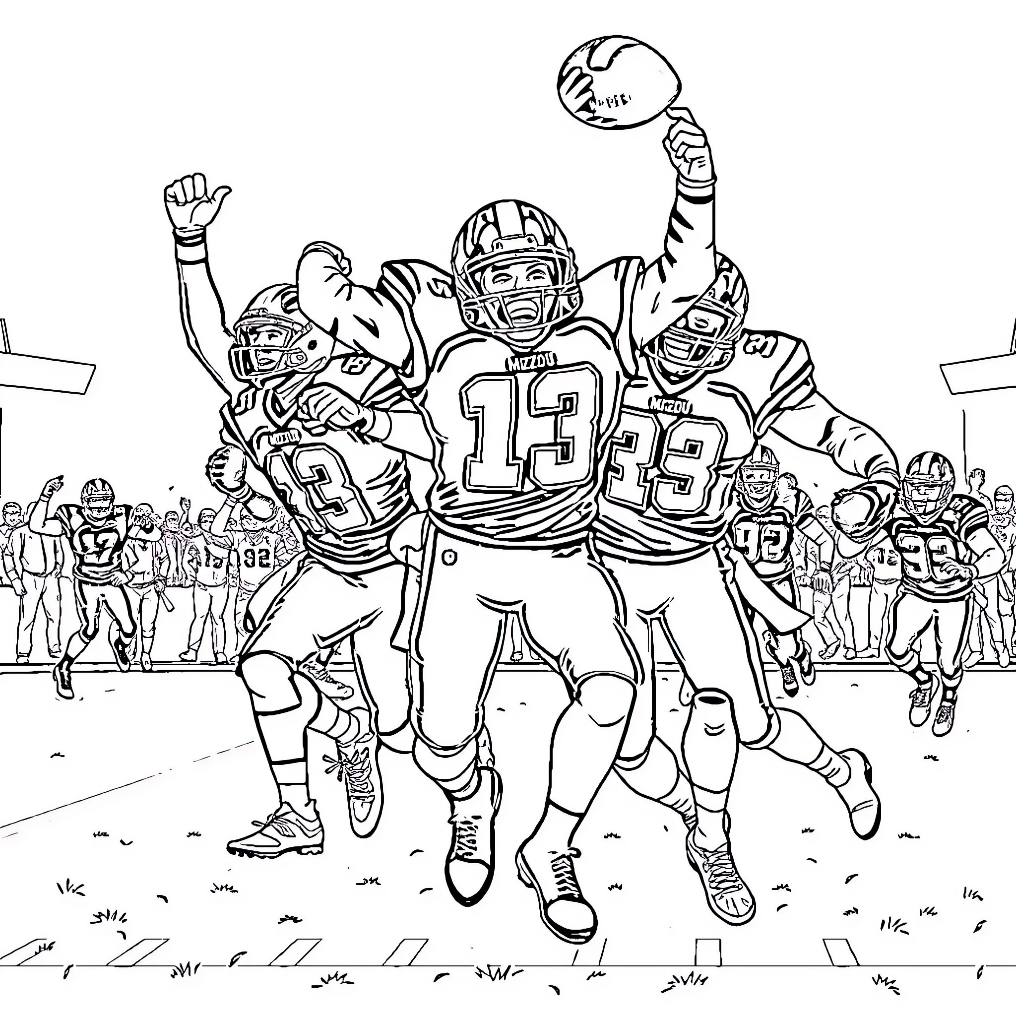 Tiger players celebrating touchdown on football field Coloring Page (free black-and-white line drawing printable PDF for all, from beginners to advanced learners, including children, teens, adults, and seniors)
