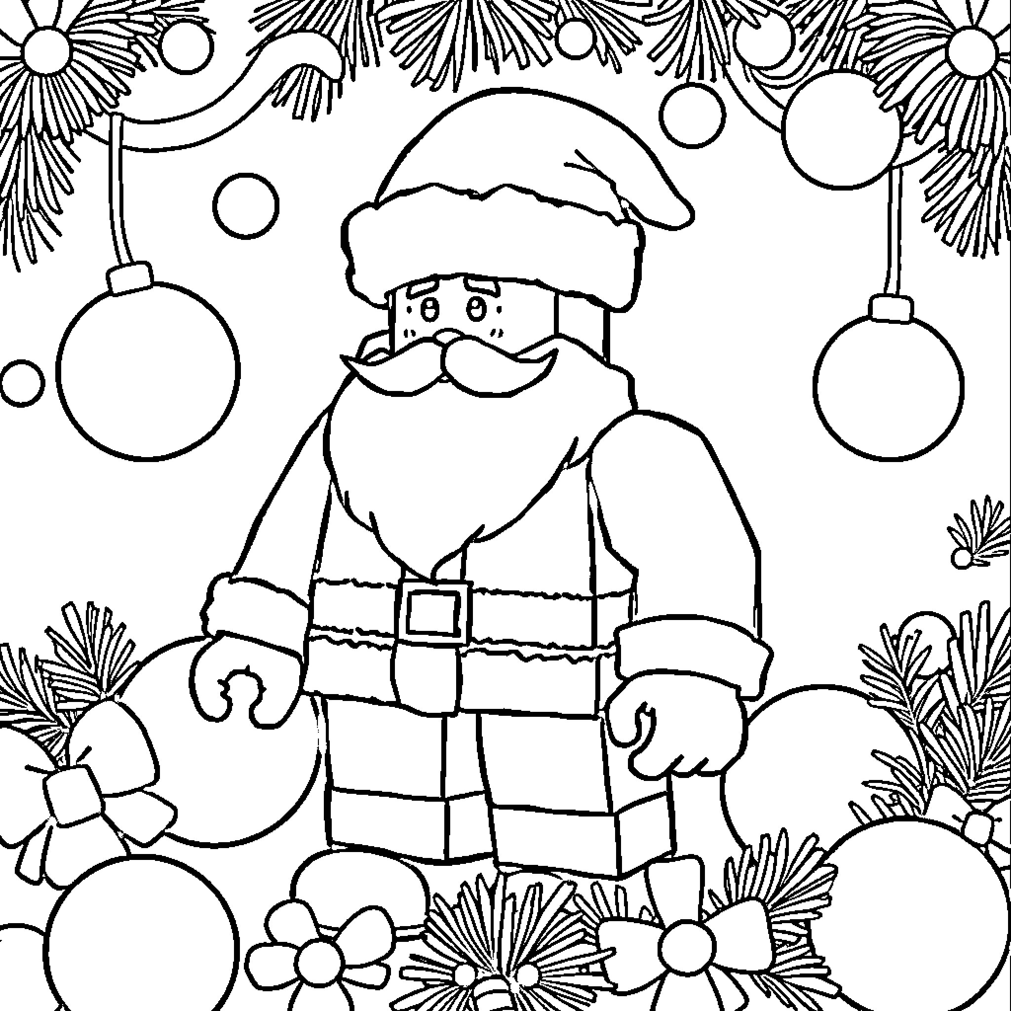 Santa Claus in a festive holiday scene Coloring Page (free black-and-white line drawing printable PDF for all, from beginners to advanced learners, including children, teens, adults, and seniors)