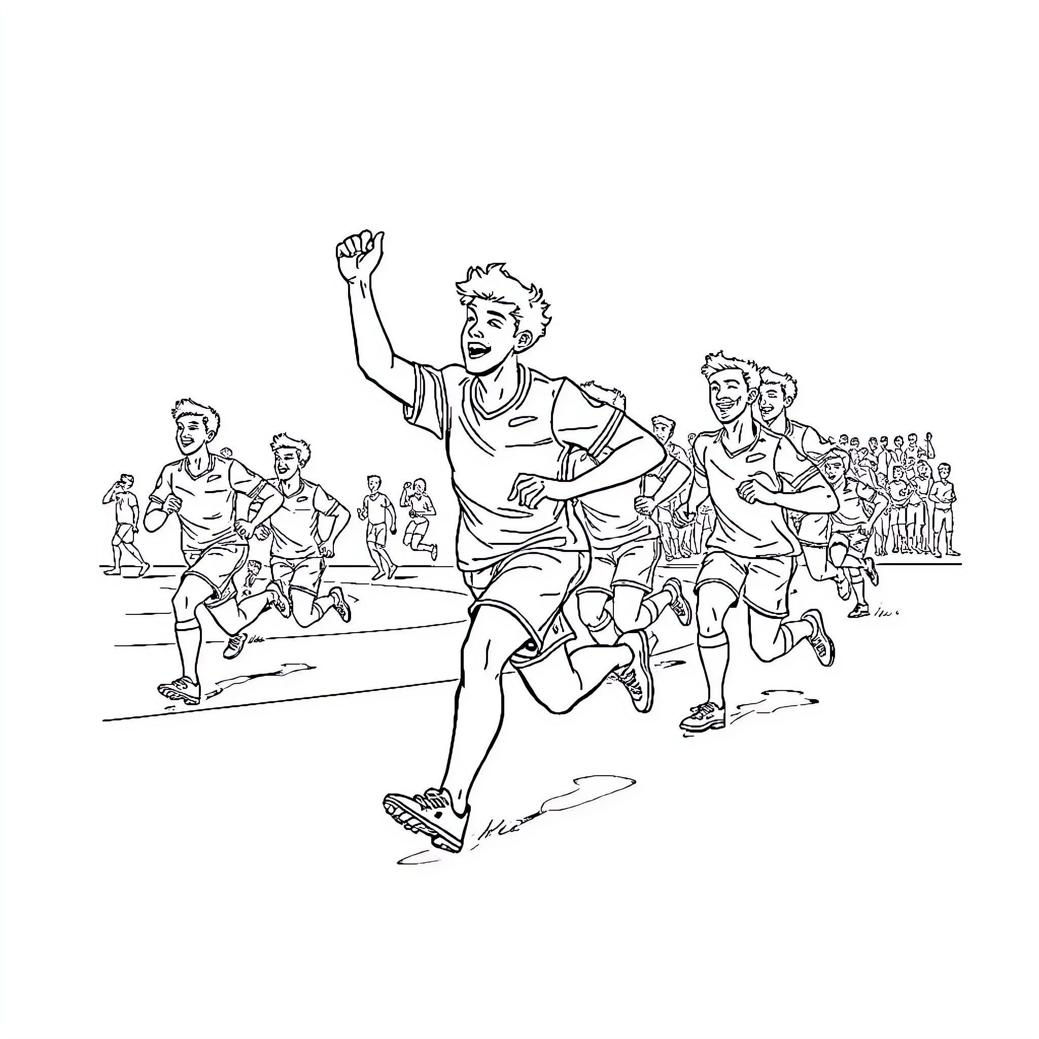 Sport athletes in competitive running race Coloring Page (free black-and-white line drawing printable PDF for all, from beginners to advanced learners, including children, teens, adults, and seniors)