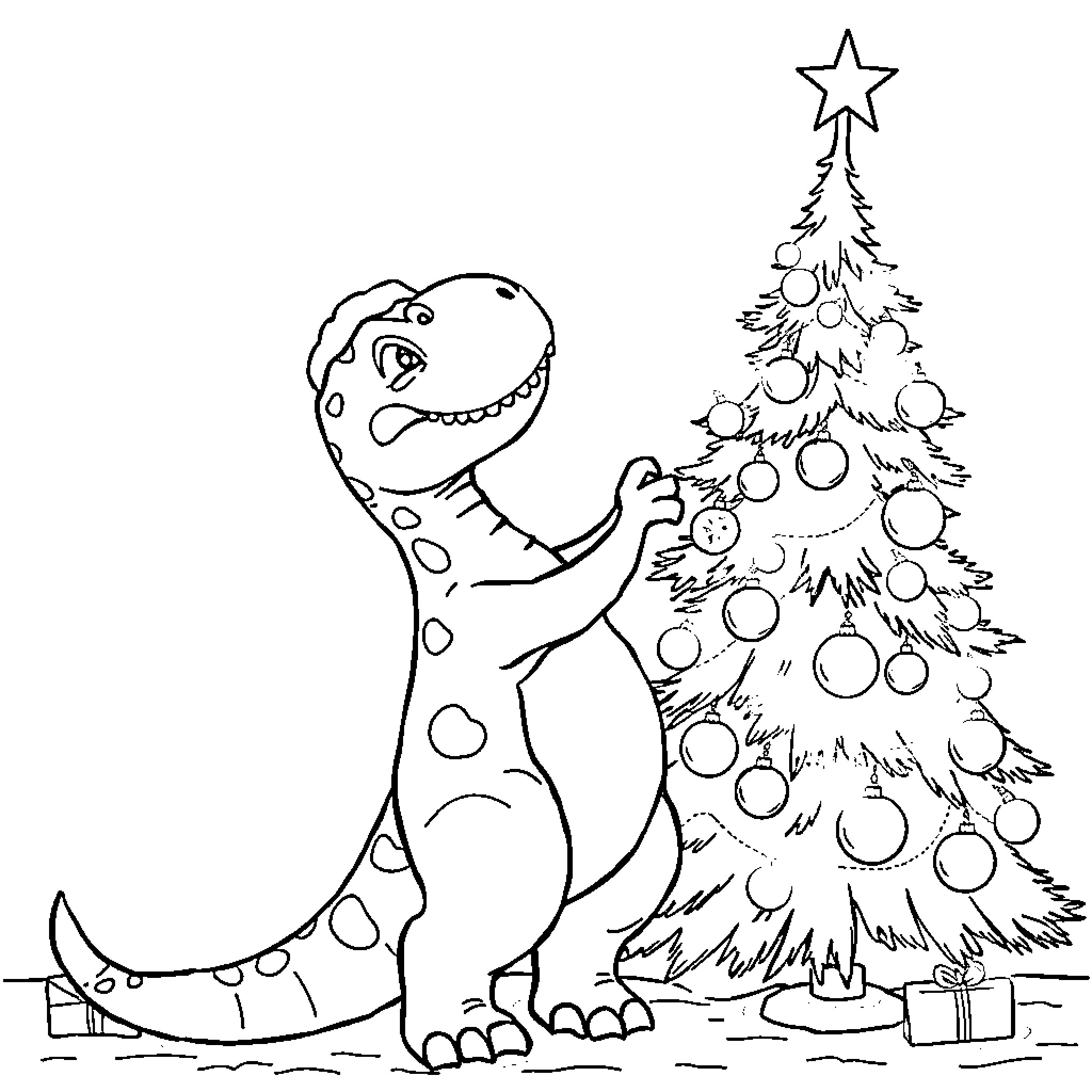 Dinosaur decorating Christmas tree with excitement Coloring Page (free black-and-white line drawing printable PDF for all, from beginners to advanced learners, including children, teens, adults, and seniors)