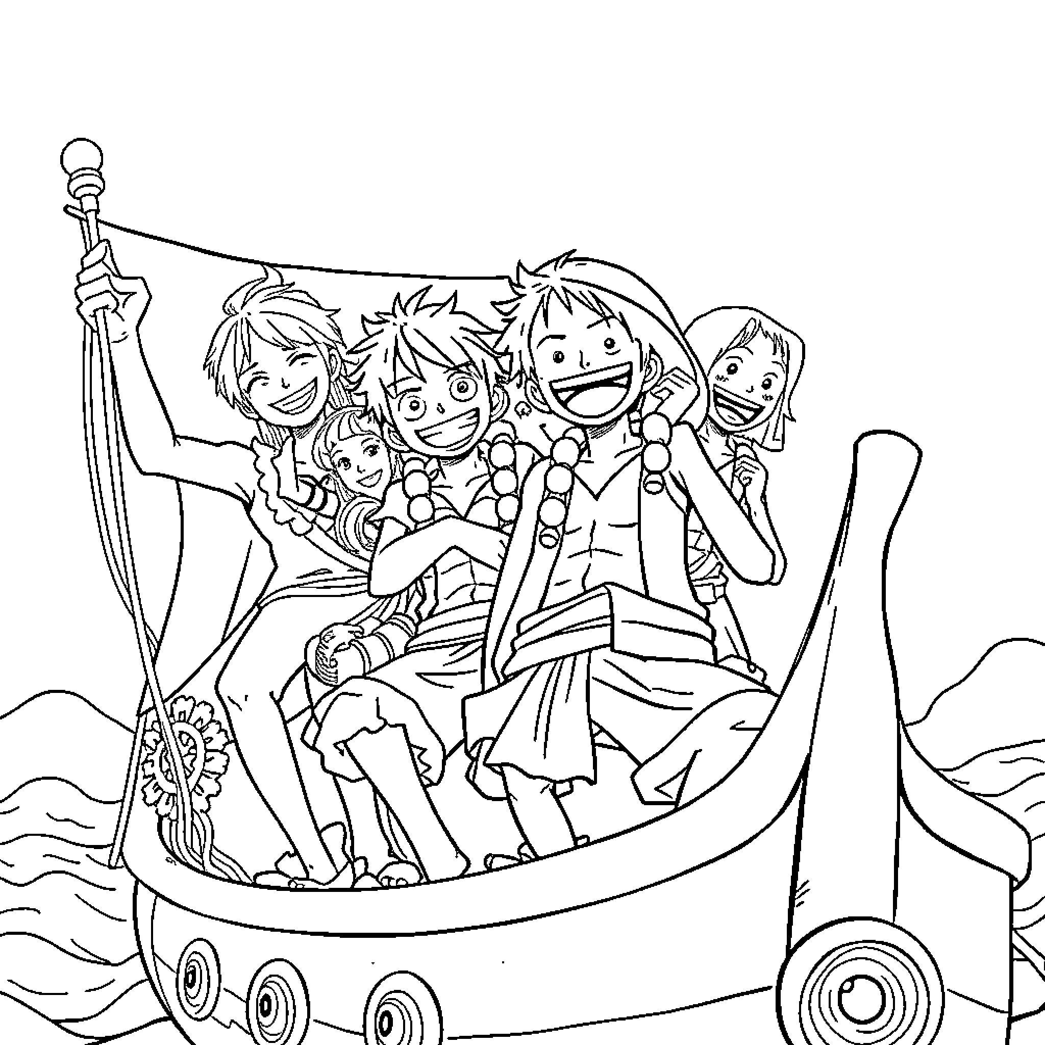 Luffy and his friends enjoying a fun adventure Coloring Page (free black-and-white line drawing printable PDF for all, from beginners to advanced learners, including children, teens, adults, and seniors)