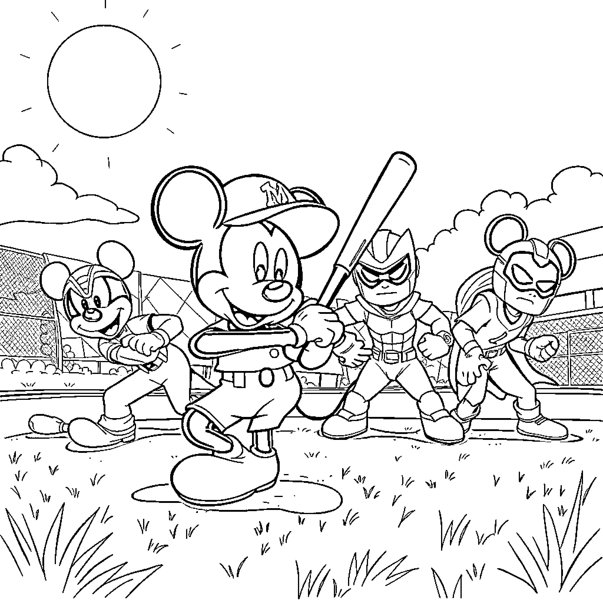 Mickey and Friends Playing Baseball in the Sunshine Coloring Page (free black-and-white line drawing printable PDF for all, from beginners to advanced learners, including children, teens, adults, and seniors)