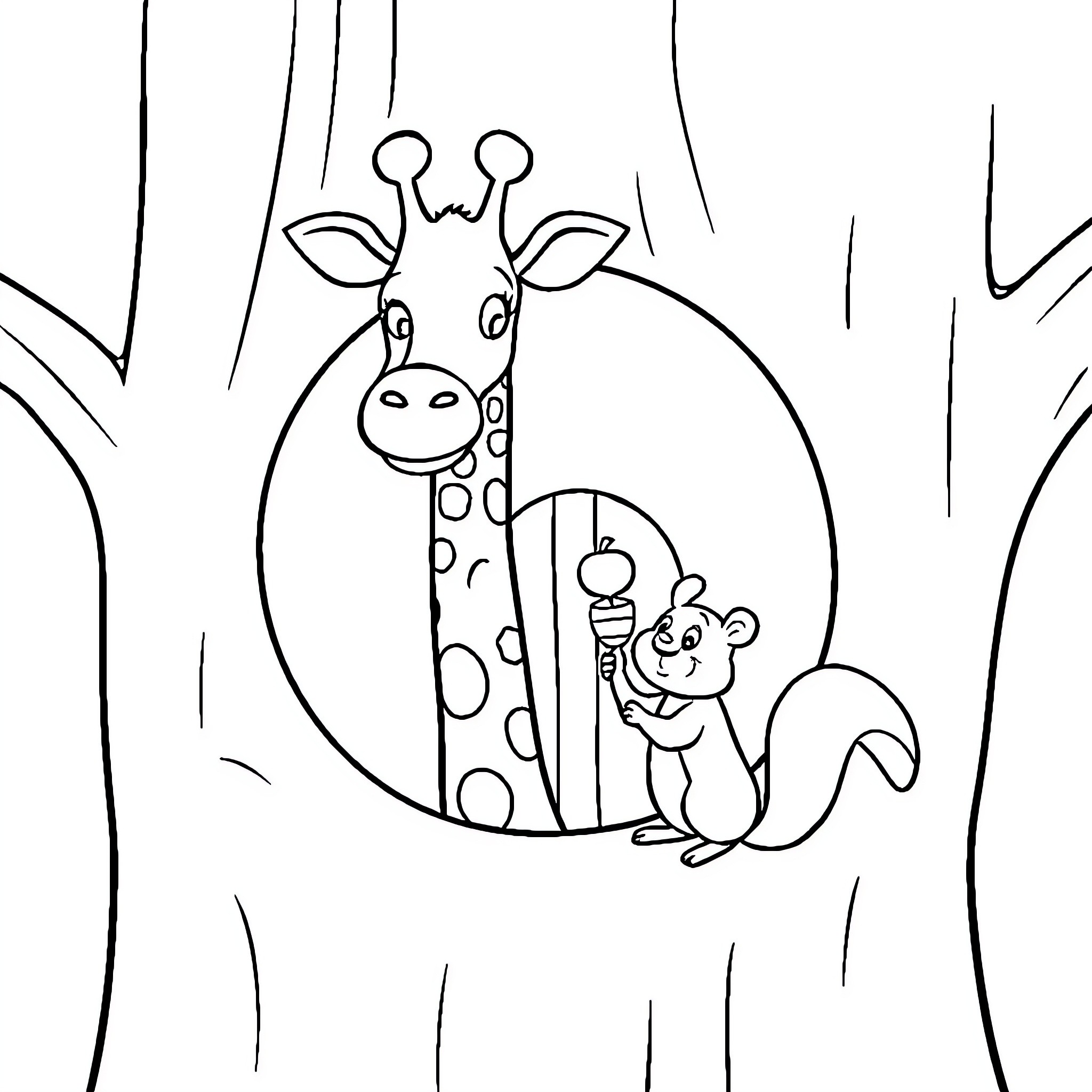 Giraffe and squirrel enjoying together in the forest Coloring Page (free black-and-white line drawing printable PDF for all, from beginners to advanced learners, including children, teens, adults, and seniors)