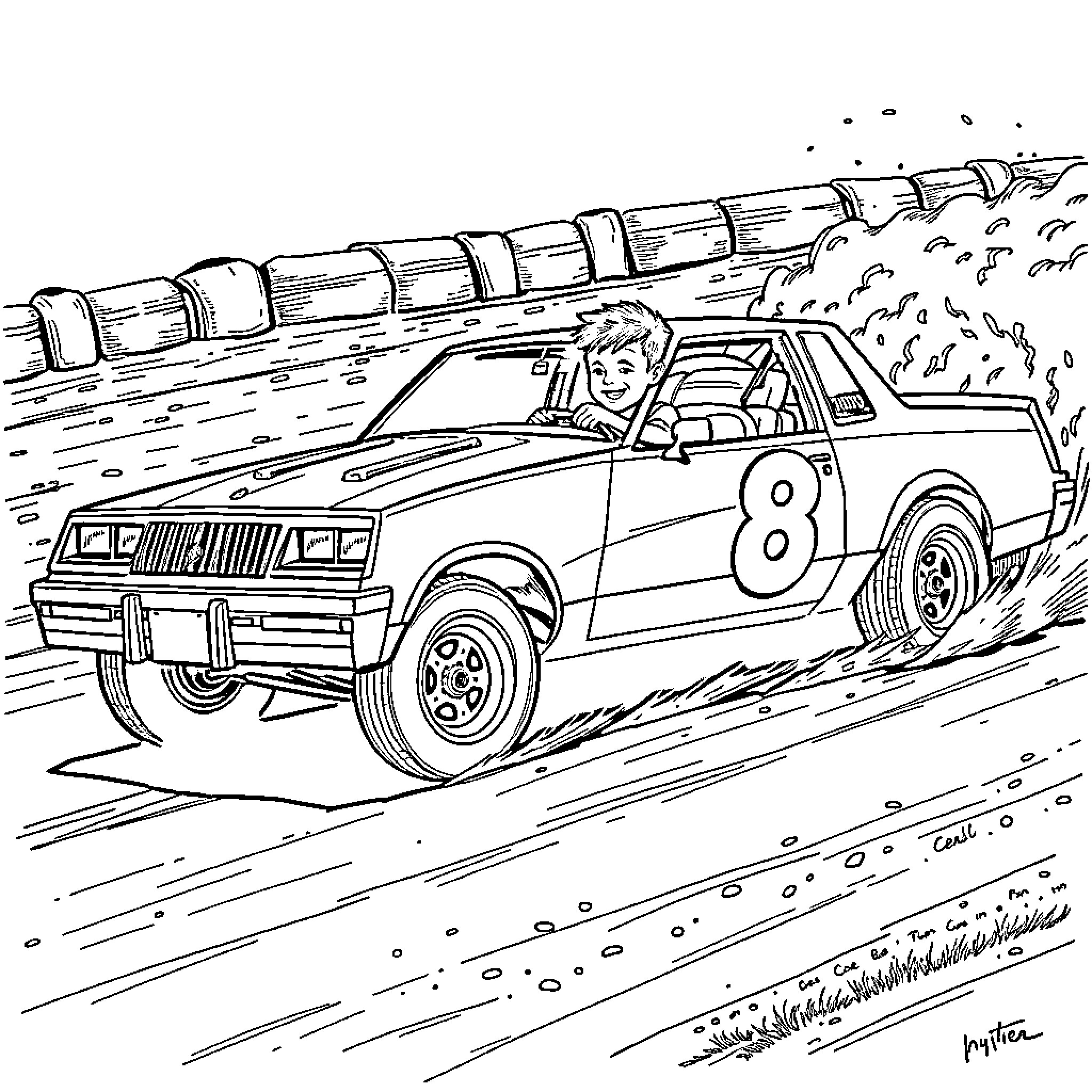 Boy driving race car on the track Coloring Page (free black-and-white line drawing printable PDF for all, from beginners to advanced learners, including children, teens, adults, and seniors)