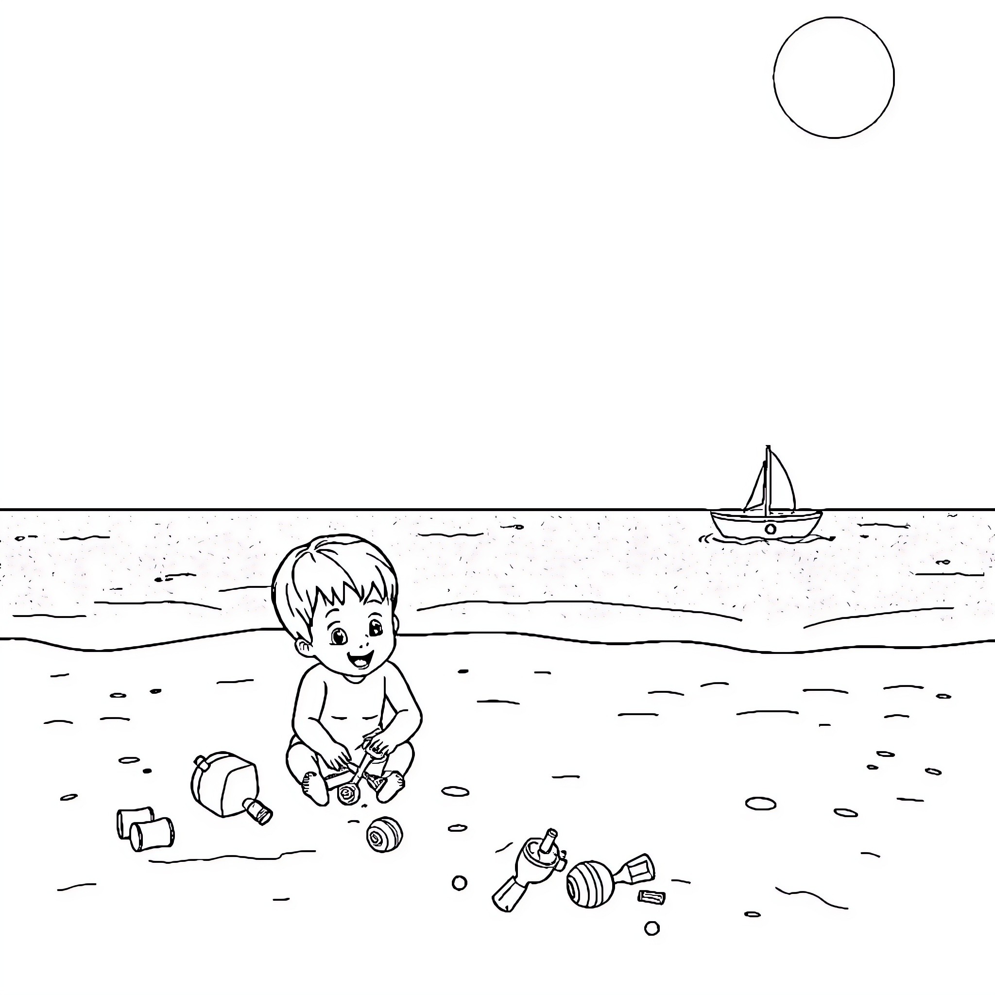 Boy playing with toys on the beach Coloring Page (free black-and-white line drawing printable PDF for all, from beginners to advanced learners, including children, teens, adults, and seniors)