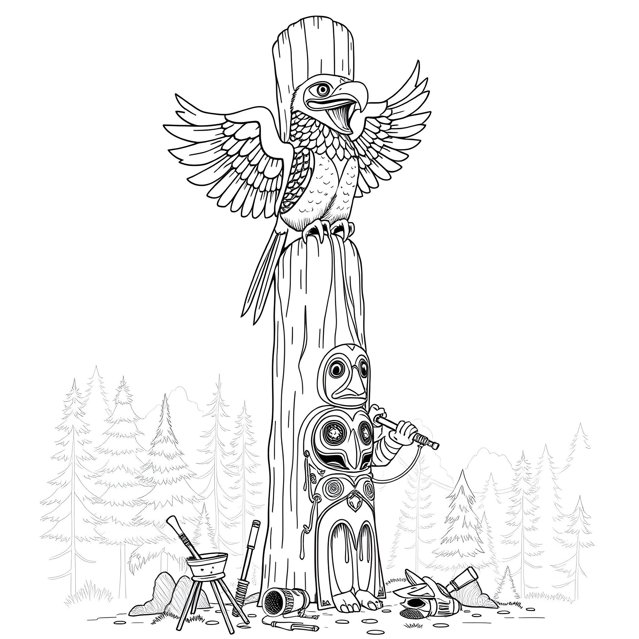 Thunderbird perched on totem pole in forest Coloring Page (free black-and-white line drawing printable PDF for all, from beginners to advanced learners, including children, teens, adults, and seniors)