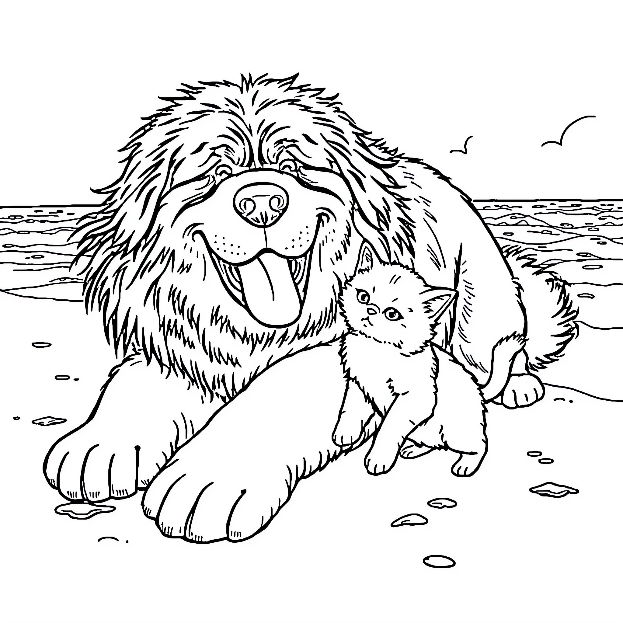 Newfoundland dog playing with kitten on the beach Coloring Page (free black-and-white line drawing printable PDF for all, from beginners to advanced learners, including children, teens, adults, and seniors)