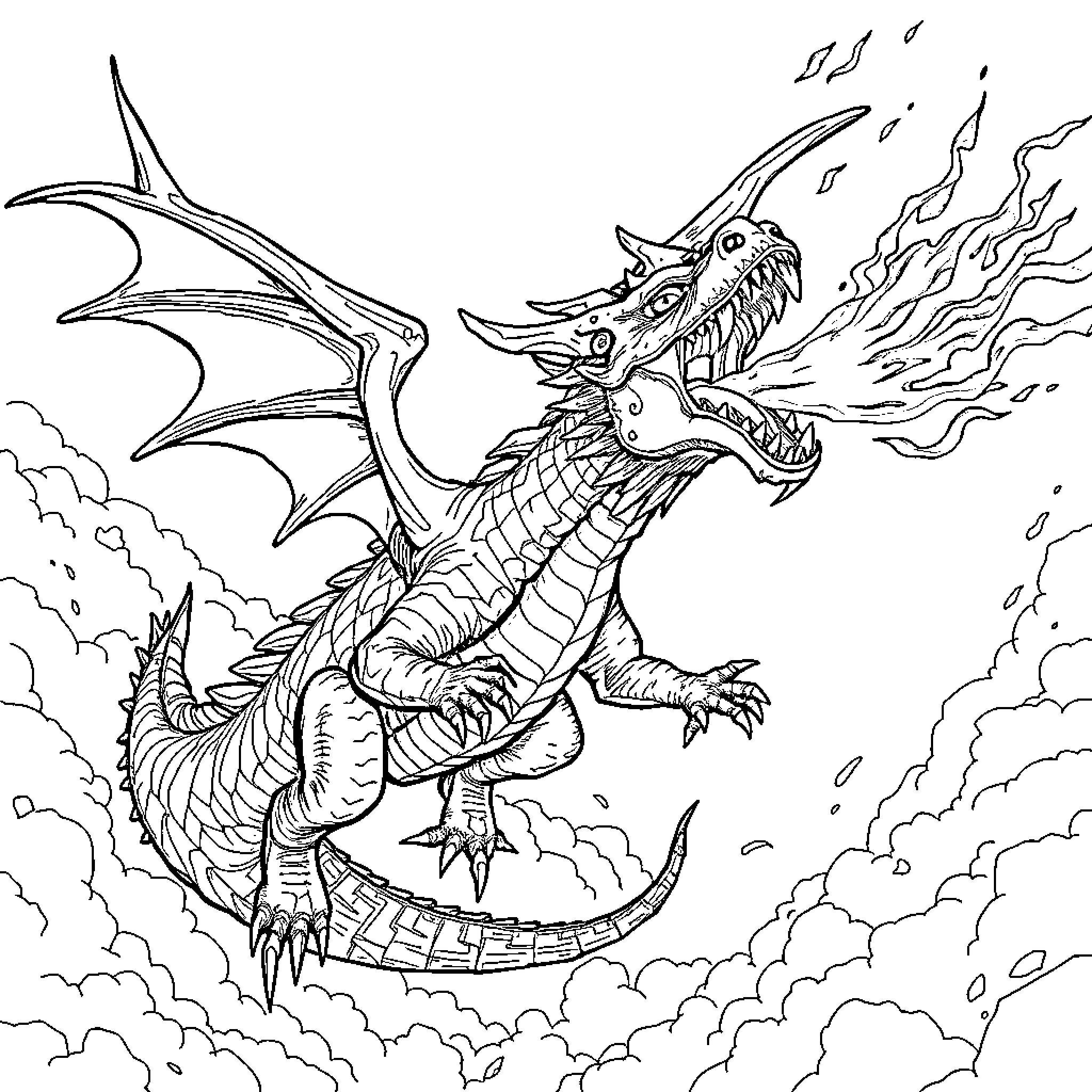 Dragon Breathing Fire in Stormy Sky Coloring Page (free black-and-white line drawing printable PDF for all, from beginners to advanced learners, including children, teens, adults, and seniors)