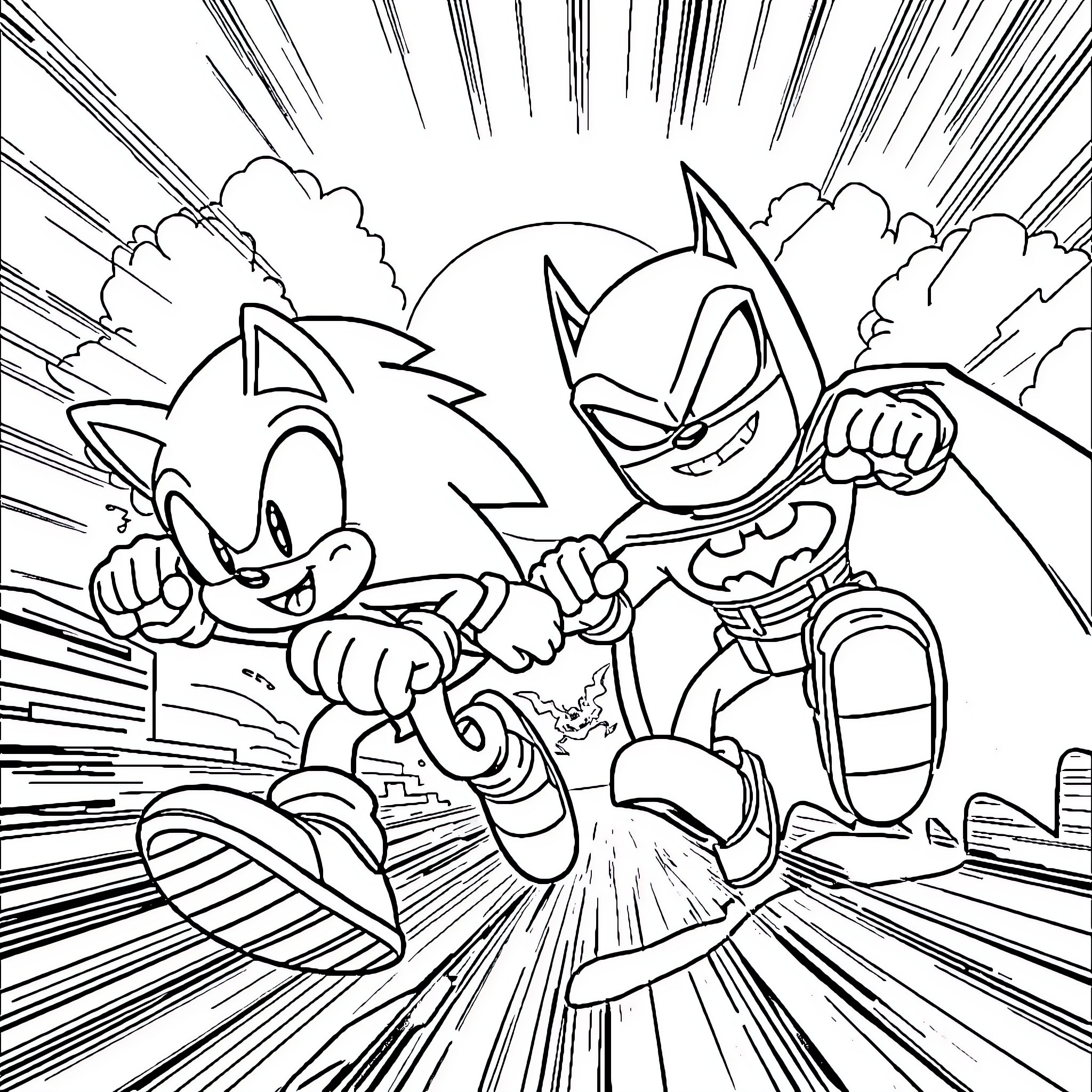 Sonic and Batman in Dynamic Action Coloring Page (free black-and-white line drawing printable PDF for all, from beginners to advanced learners, including children, teens, adults, and seniors)