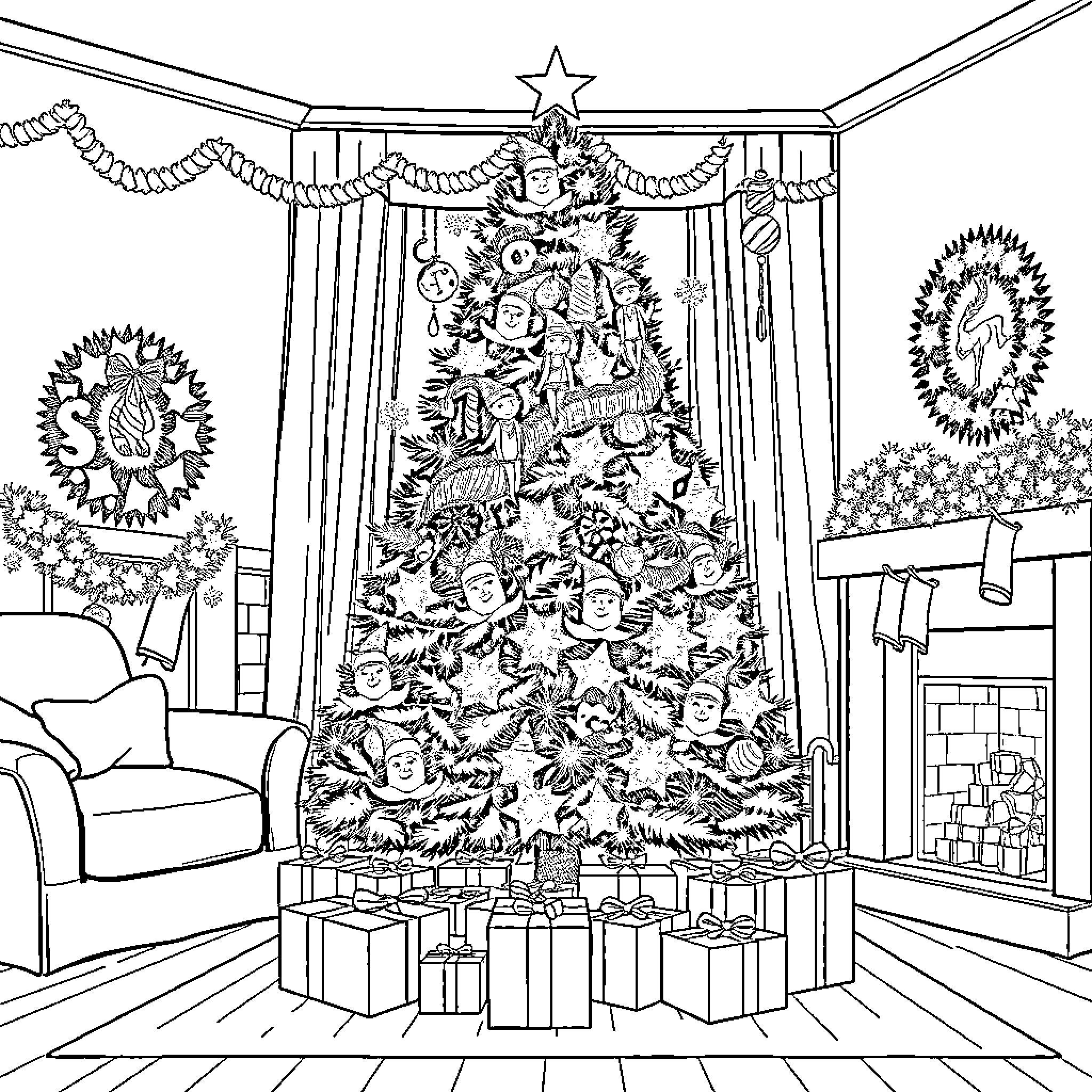 Christmas Tree Decorated with Ornaments and Gifts Coloring Page (free black-and-white line drawing printable PDF for all, from beginners to advanced learners, including children, teens, adults, and seniors)