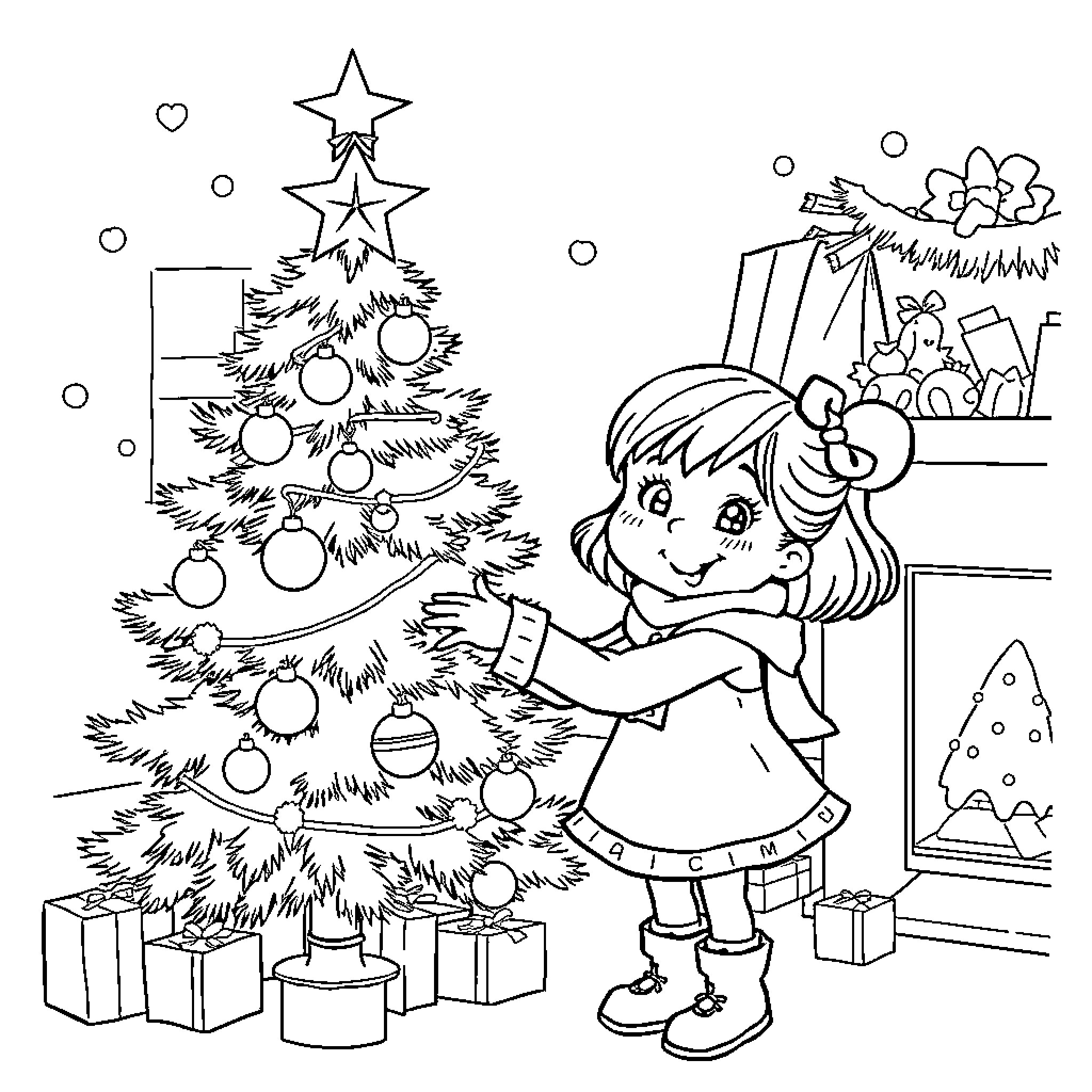 Millie decorating the Christmas tree with ornaments Coloring Page (free black-and-white line drawing printable PDF for all, from beginners to advanced learners, including children, teens, adults, and seniors)