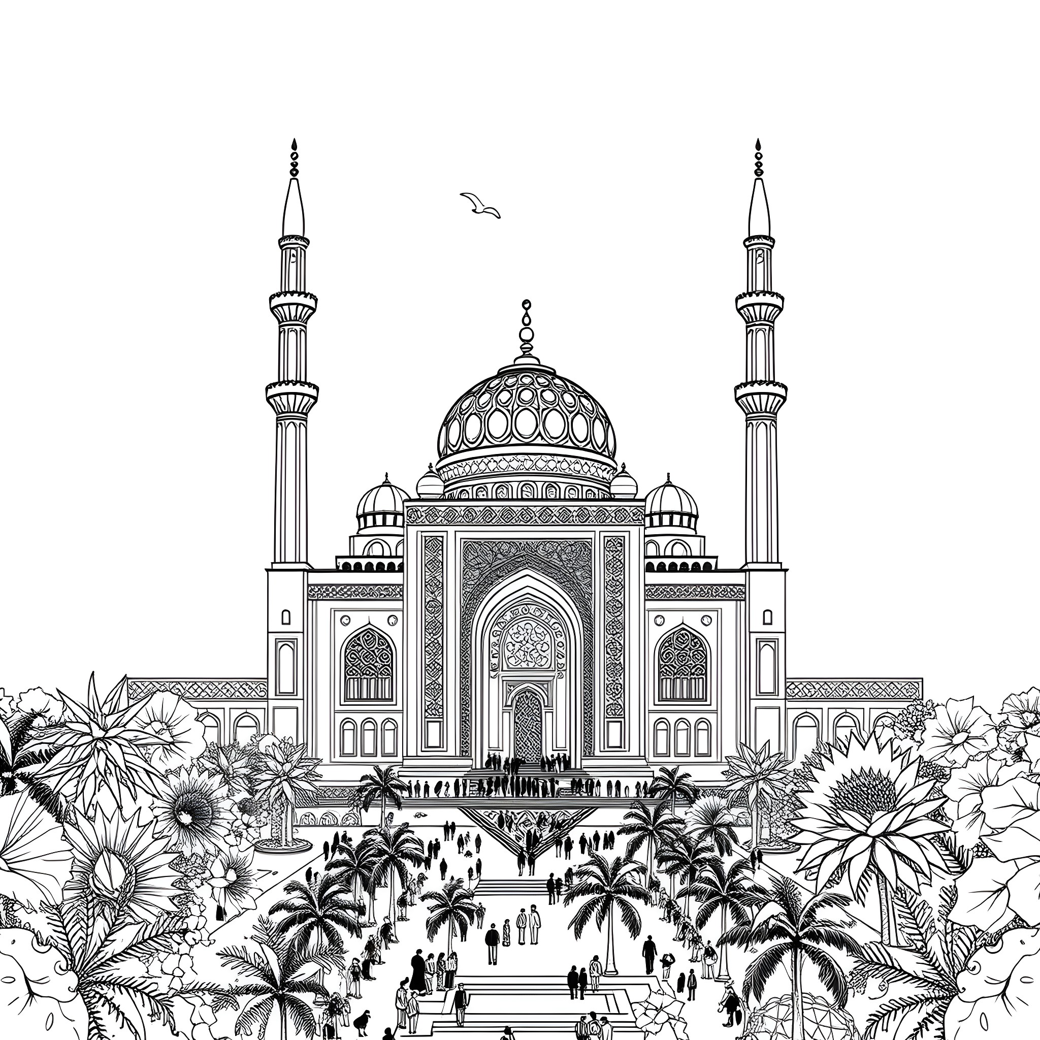 Shrine of grand architecture and greenery Coloring Page (free black-and-white line drawing printable PDF for all, from beginners to advanced learners, including children, teens, adults, and seniors)