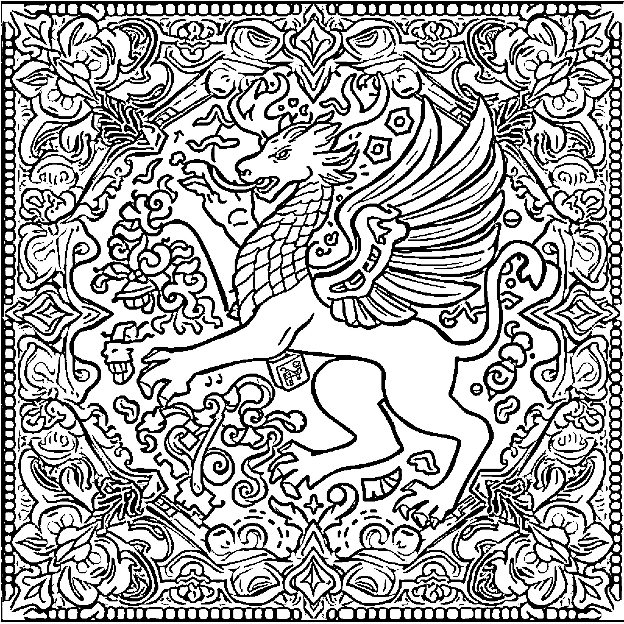 Symbol of Mythical Creature in Decorative Pattern Coloring Page (free black-and-white line drawing printable PDF for all, from beginners to advanced learners, including children, teens, adults, and seniors)